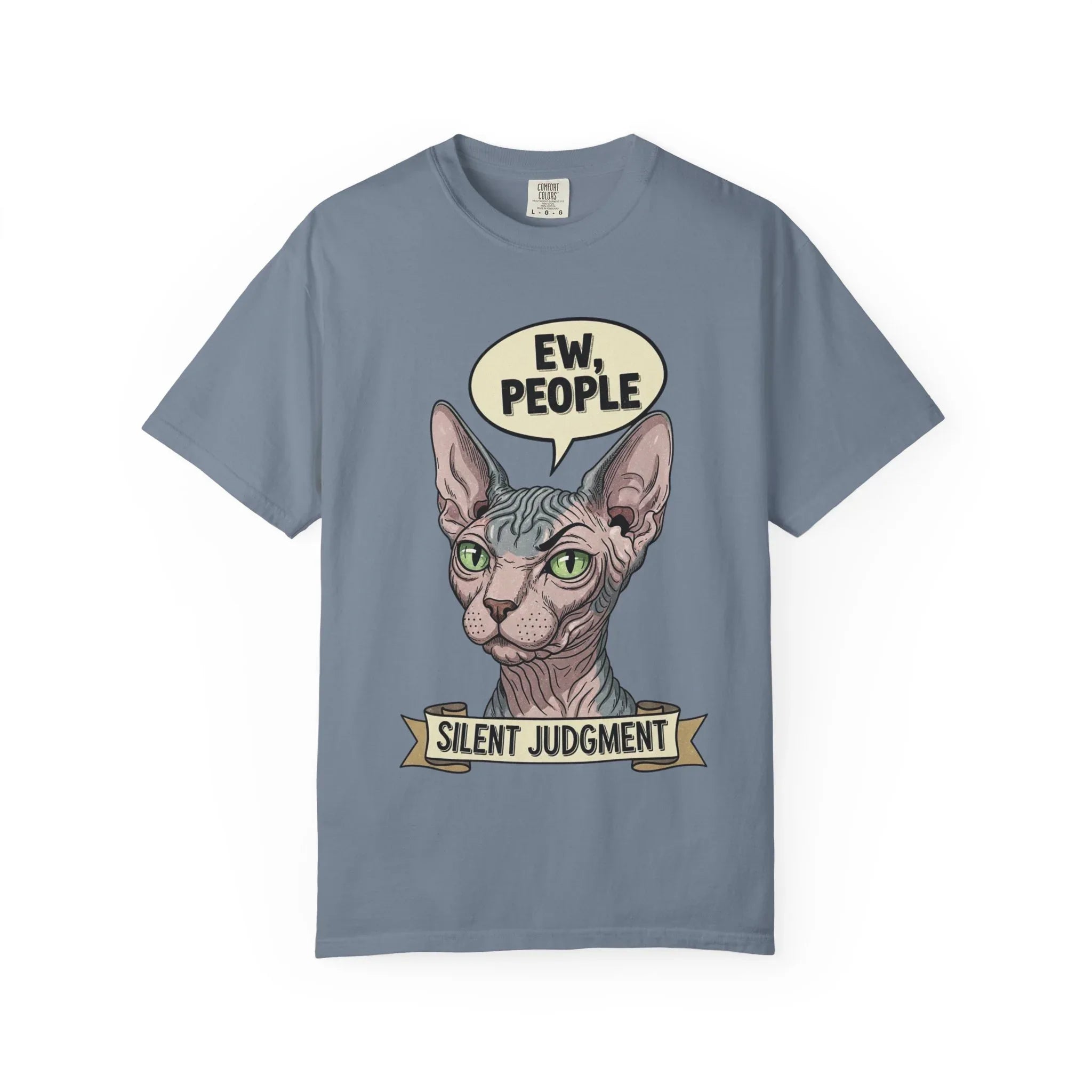 Funny Sphynx Cat Shirt - "Ew, People" Hoodie - Sarcastic Introvert Gift - Hairless Cat Tee - Silent Judgment Graphic Shirt - Grunge Style Cat Lover Top Blue Jean
