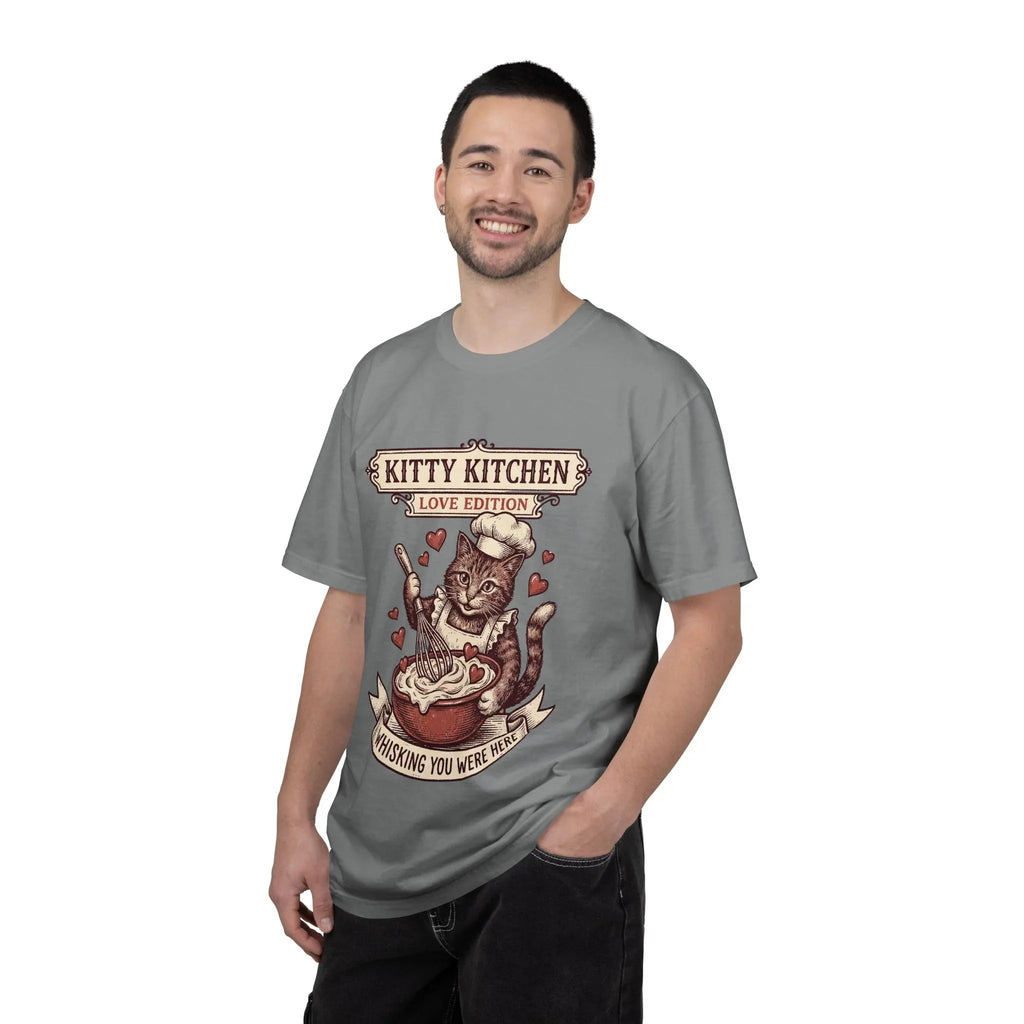 Kitty Kitchen Love T-Shirt | Vintage Cat Chef Whisking You Were Here Graphic Tee