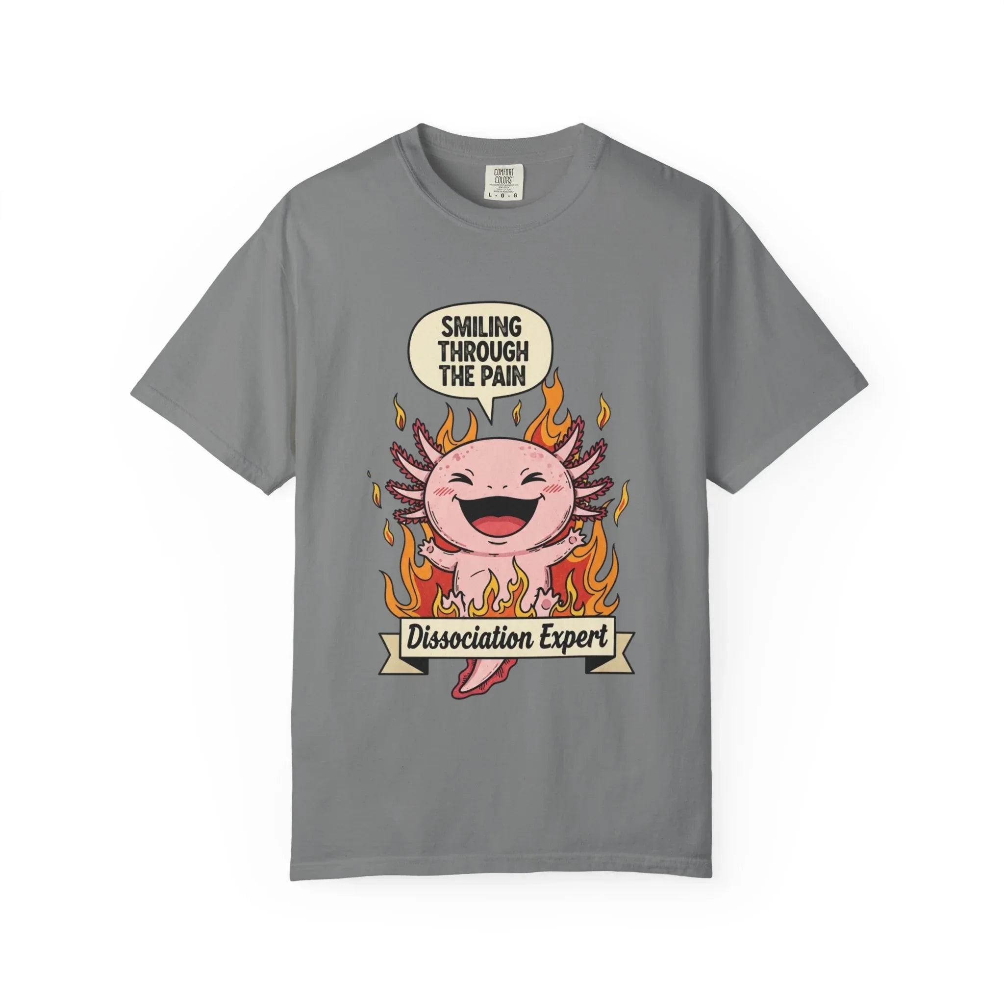 Funny Axolotl Shirt - "Dissociation Expert" Graphic Tee - Smiling Through The Pain Shirt - Mental Health Dark Humor Gift - Vintage Comfort Colors Style Oversized Top Grey