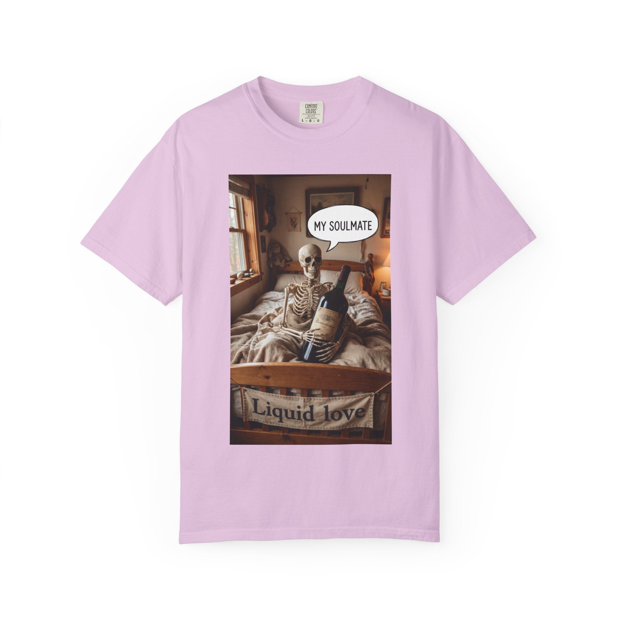 Liquid Love Skeleton Wine Shirt - Funny Soulmate Gift - Dark Humor T-Shirt - Gothic Cottagecore Graphic Tee - Sarcastic Wine Enthusiast Apparel Orchid