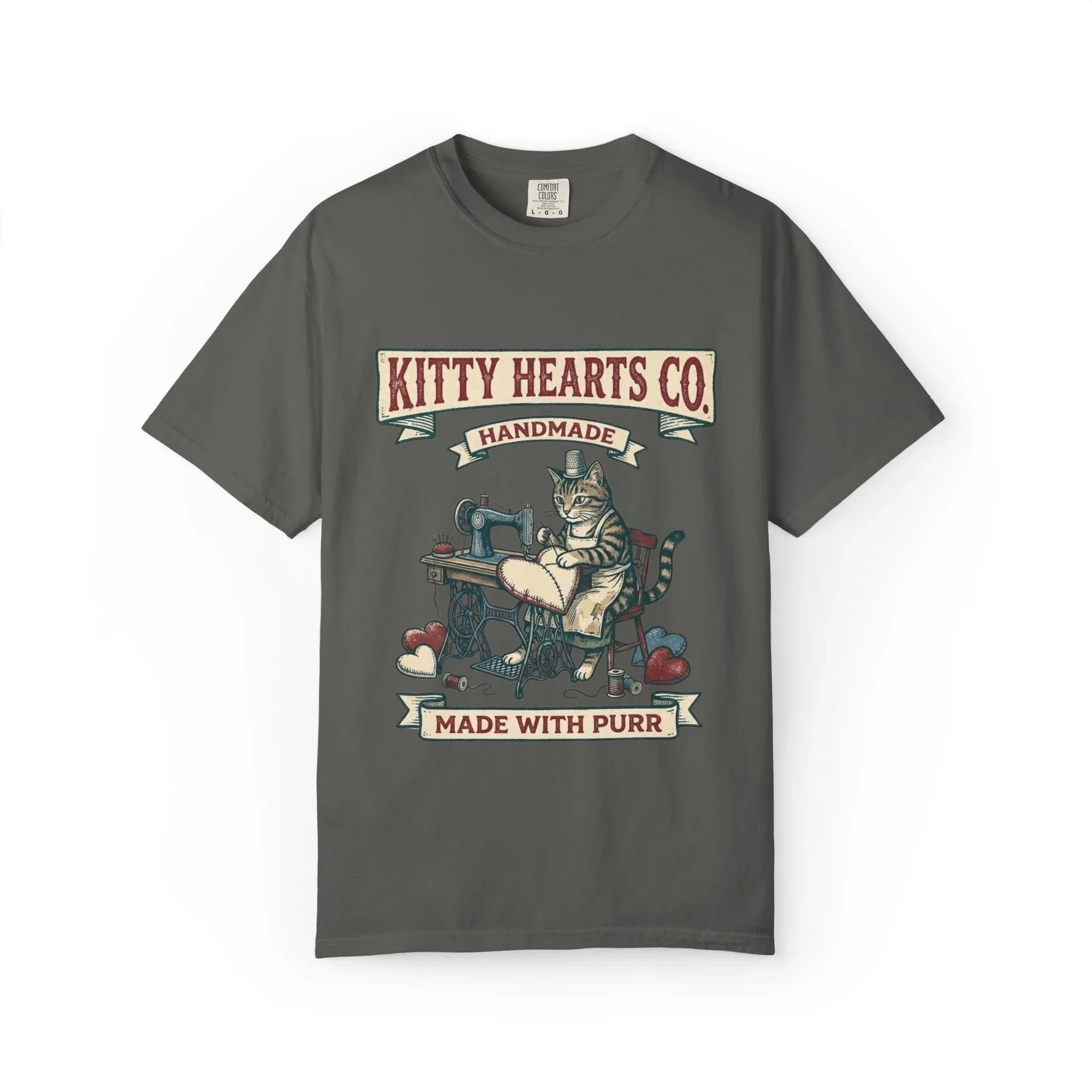 Kitty Hearts Co T-Shirt | Vintage Sewing Cat Made With Purr Graphic Tee | Retro Craft Cat Lover Gift Shirt Pepper