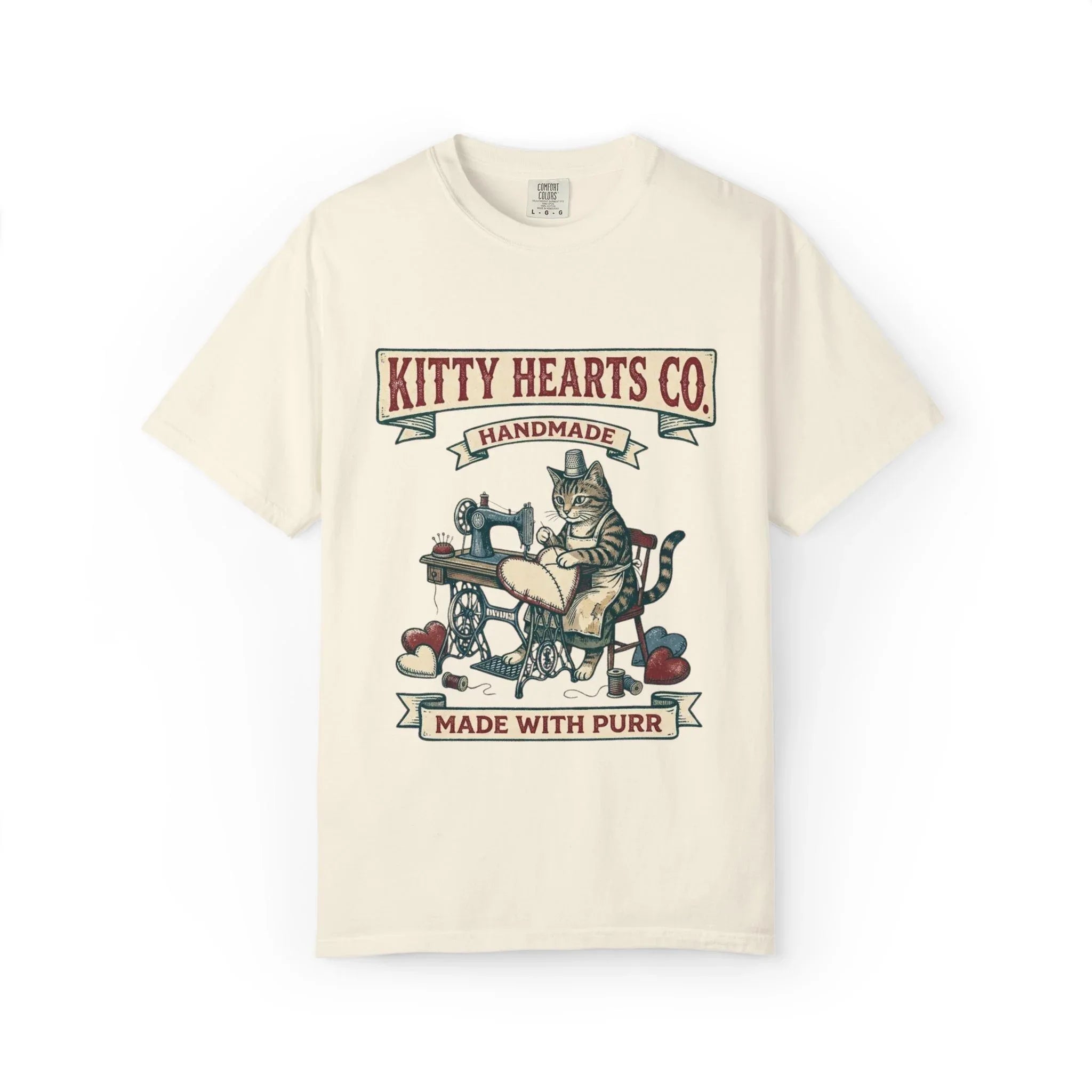 Kitty Hearts Co T-Shirt | Vintage Sewing Cat Made With Purr Graphic Tee | Retro Craft Cat Lover Gift Shirt Ivory