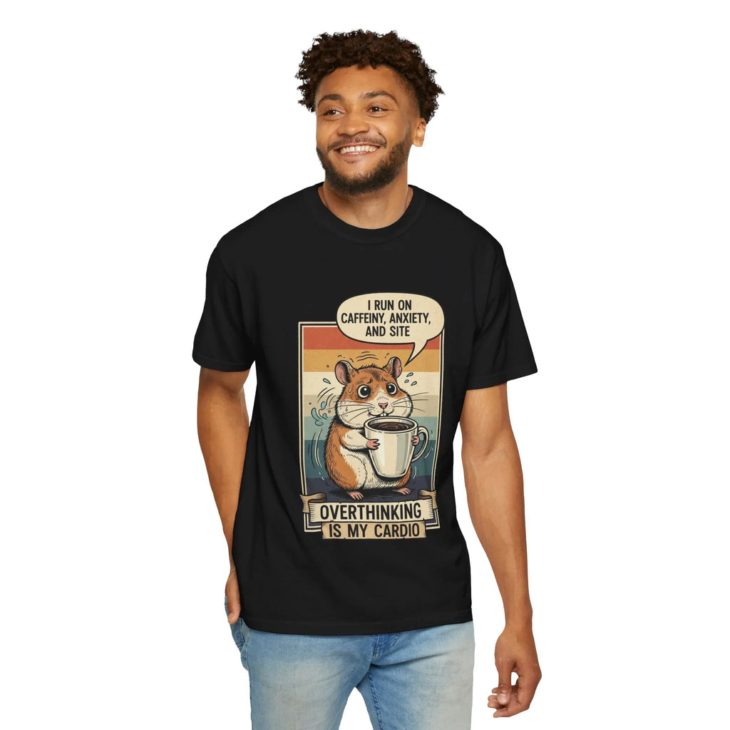 Funny Overthinking Hamster T-Shirt - "Overthinking is My Cardio" Retro Coffee Lover Gift - Sarcastic Mental Health Tee - Vintage Hamster Mom & Dad Gift - Nervous Animal Graphic Top