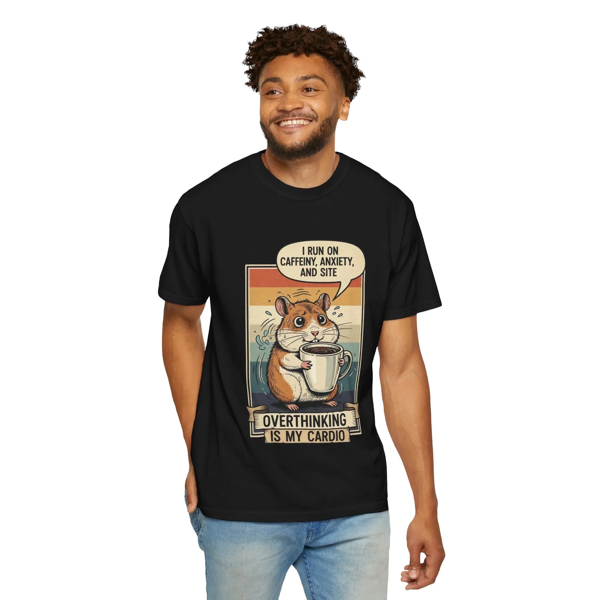 Funny Overthinking Hamster T-Shirt - "Overthinking is My Cardio" Retro Coffee Lover Gift - Sarcastic Mental Health Tee - Vintage Hamster Mom & Dad Gift - Nervous Animal Graphic Top