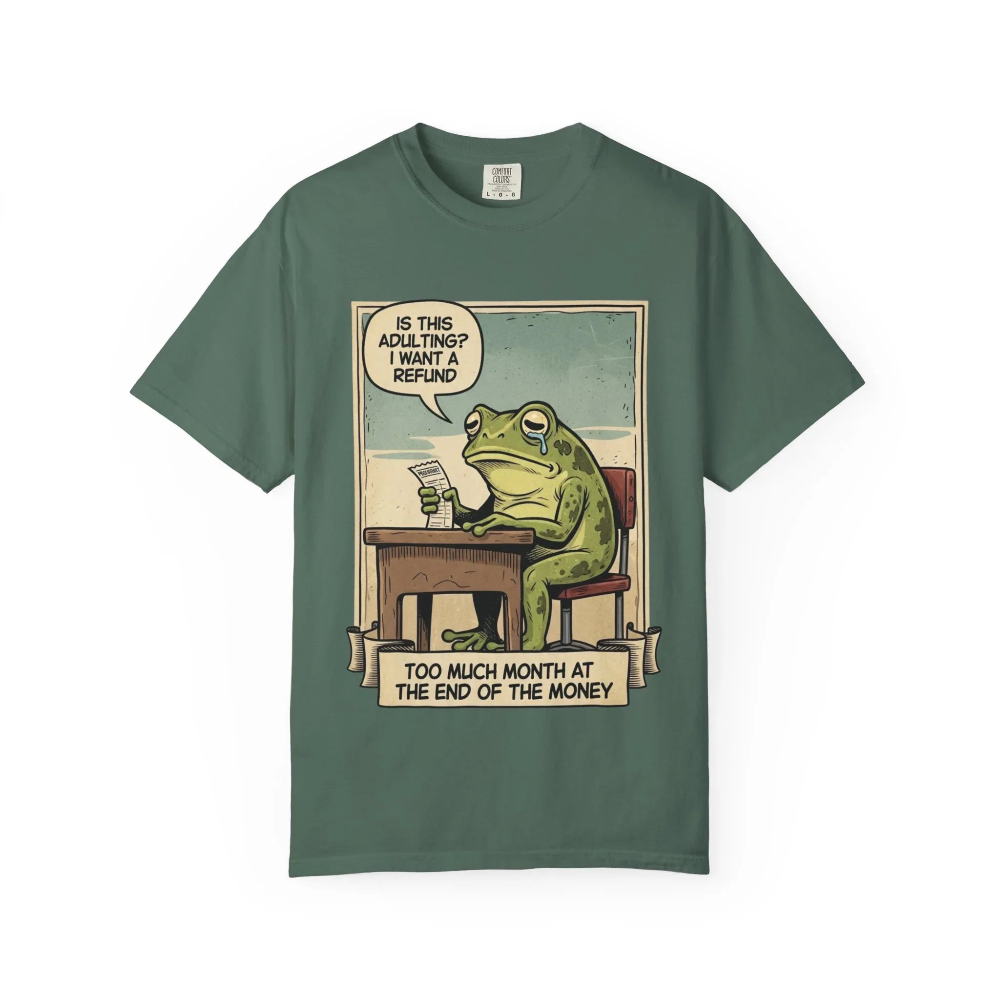 Funny Adulting Shirt - Sad Frog Meme Hoodie - "Too Much Month at the End of My Money" Sweatshirt - Vintage Aesthetic Millennial Financial Humor - Relatable Broke Friend Gift Blue Spruce