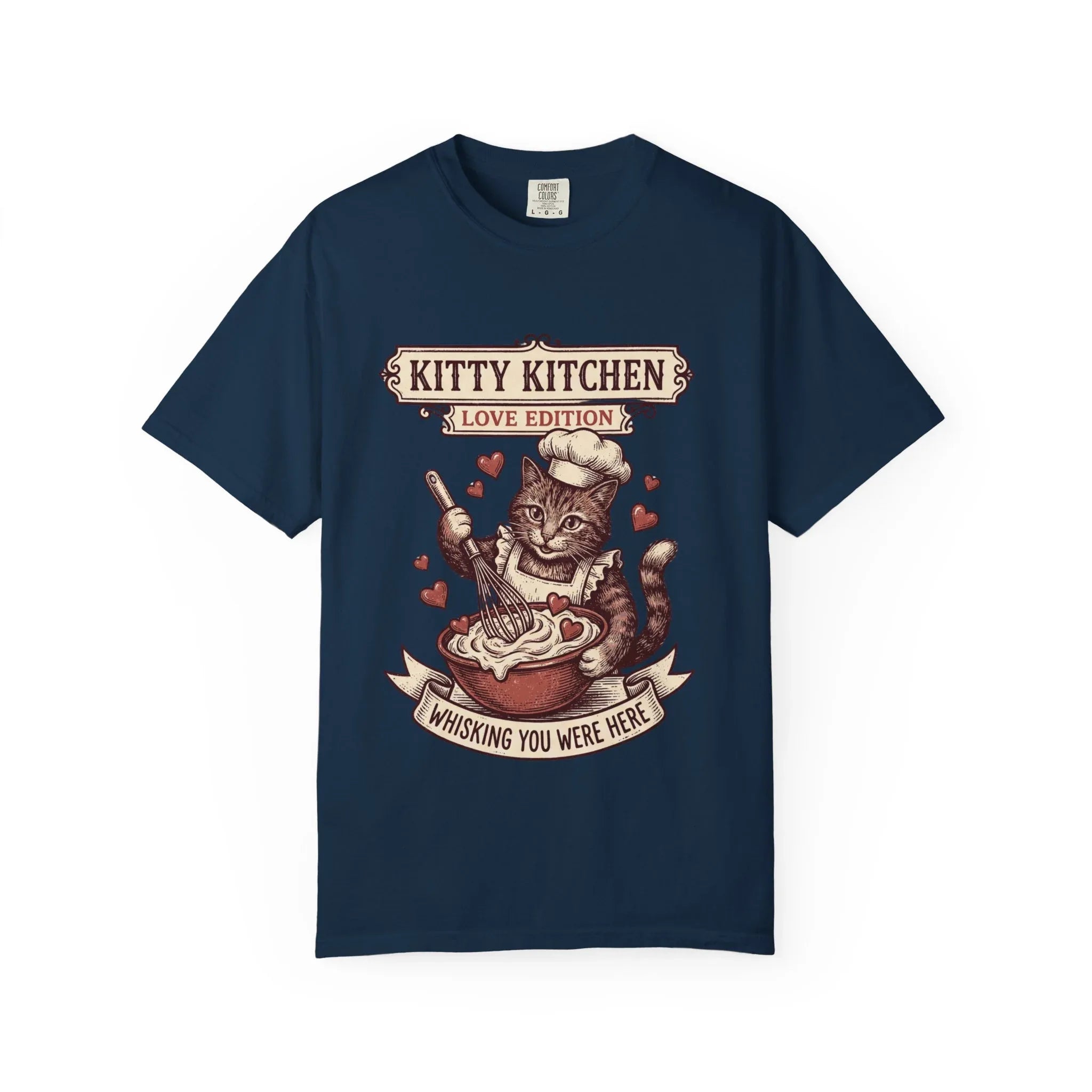 Kitty Kitchen Love T-Shirt | Vintage Cat Chef Whisking You Were Here Graphic Tee True Navy