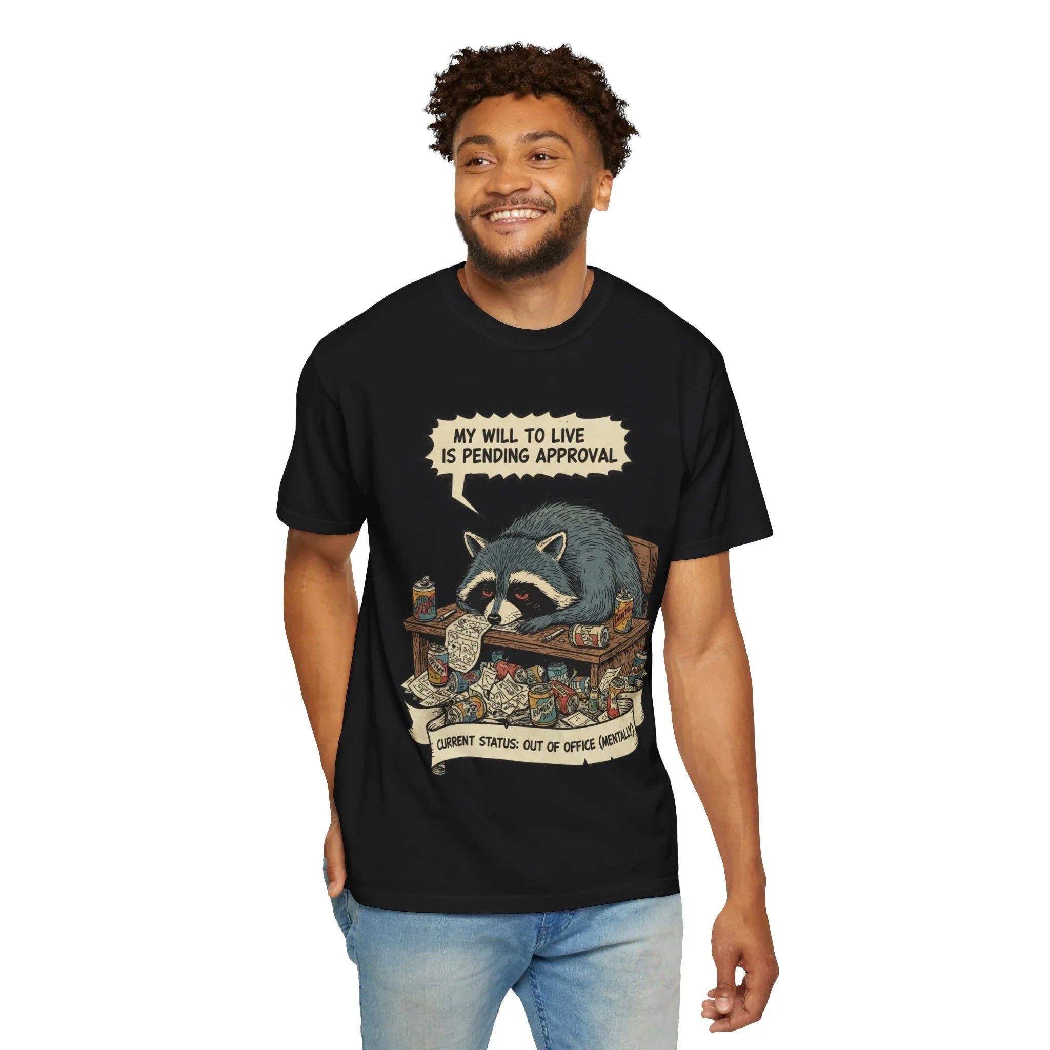 Funny Raccoon Out of Office Shirt - Mentally Checked Out Corporate Burnout Tee - Sarcastic Trash Panda T-Shirt - Relatable Office Worker Gift - Pending Approval Mood T-shirt Black