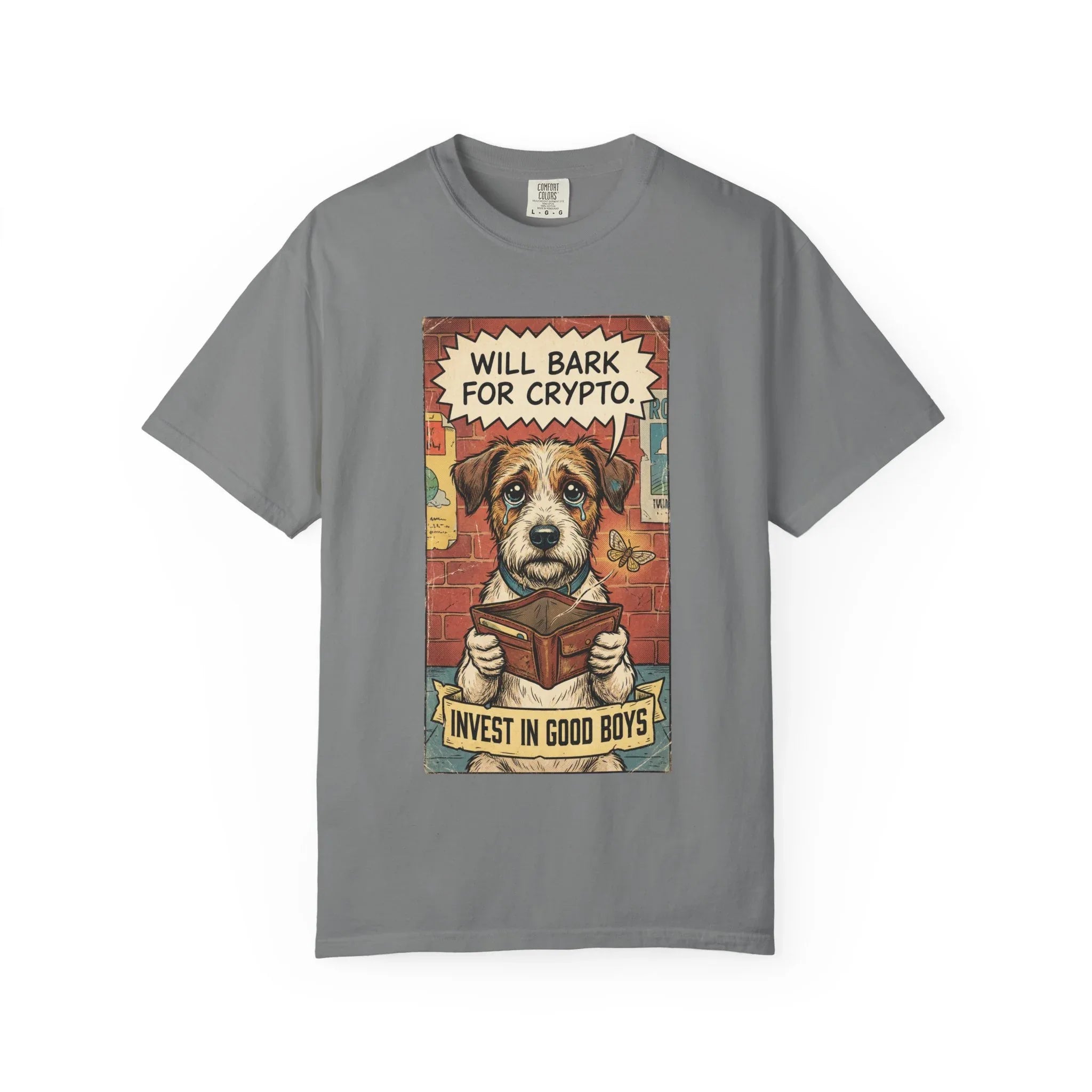 Funny Crypto Dog Shirt - Vintage Dogecoin Bitcoin Investor Gift - "Will Bark for Crypto" Graphic Tee - Retro Satirical Meme Clothing - HODL & Buy the Dip T-Shirt Grey
