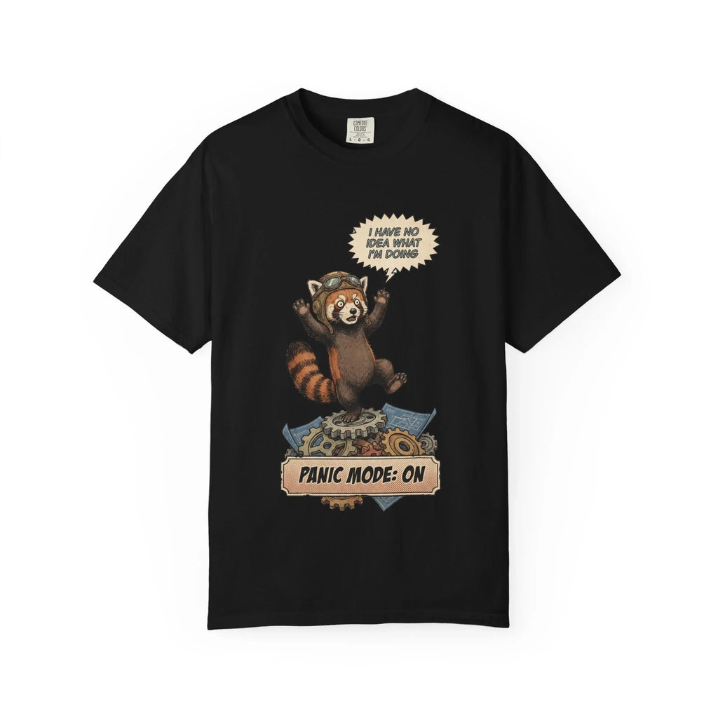 Vintage Red Panda T-Shirt - Funny Engineer Gift - Panicked Pilot Shirt - Imposter Syndrome Meme Tee - Retro Mechanic Animal Graphic - "Panic Mode On" Top Black