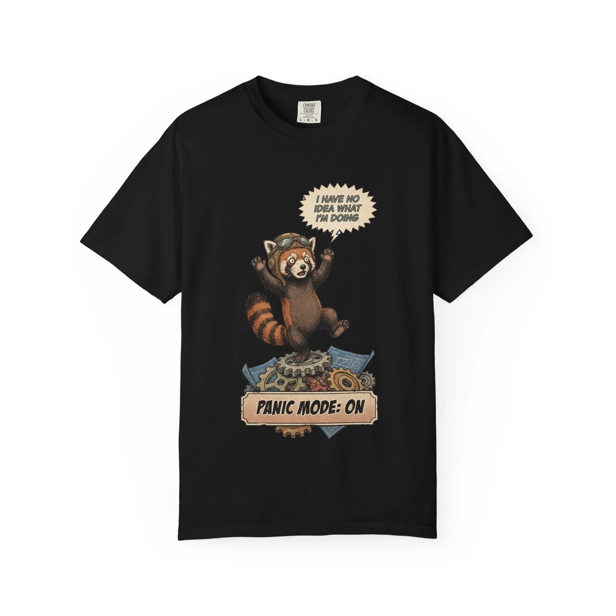 Vintage Red Panda T-Shirt - Funny Engineer Gift - Panicked Pilot Shirt - Imposter Syndrome Meme Tee - Retro Mechanic Animal Graphic - "Panic Mode On" Top Black
