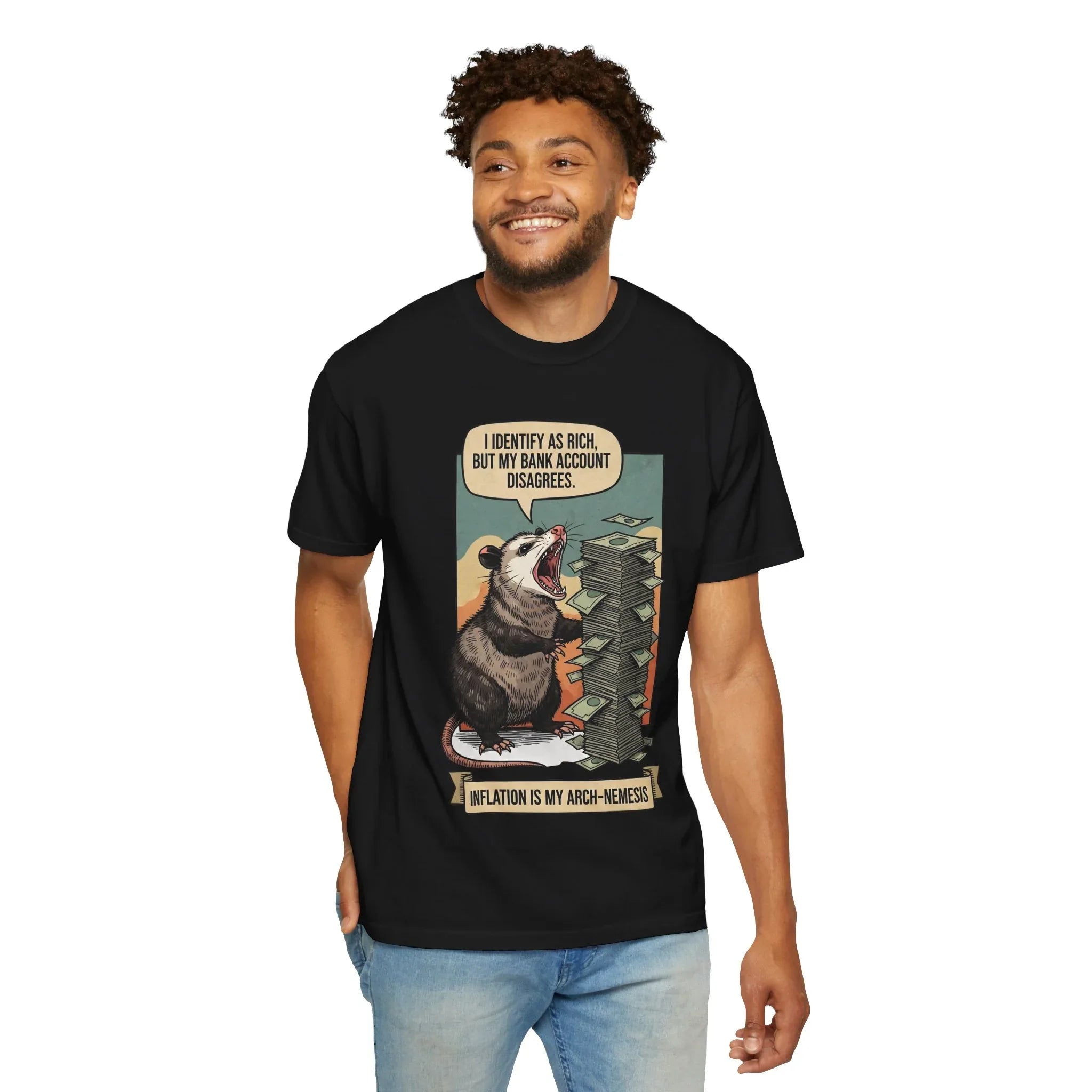 Funny Opossum Shirt - "I Identify As Rich" Inflation Meme Tee - Relatable Money Humor Gift - Vintage Style Screaming Possum Graphic - Retro Financial Crisis T-Shirt Black