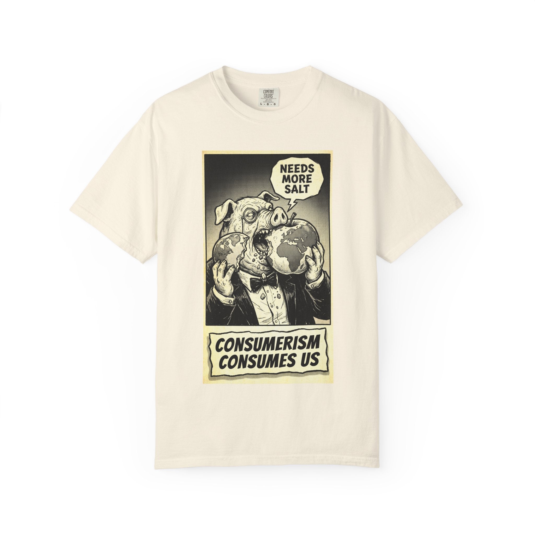 Consumerism Consumes Us T-Shirt | Vintage Satire Corporate Pig Graphic Tee | Anti-Capitalism Activist Apparel Ivory
