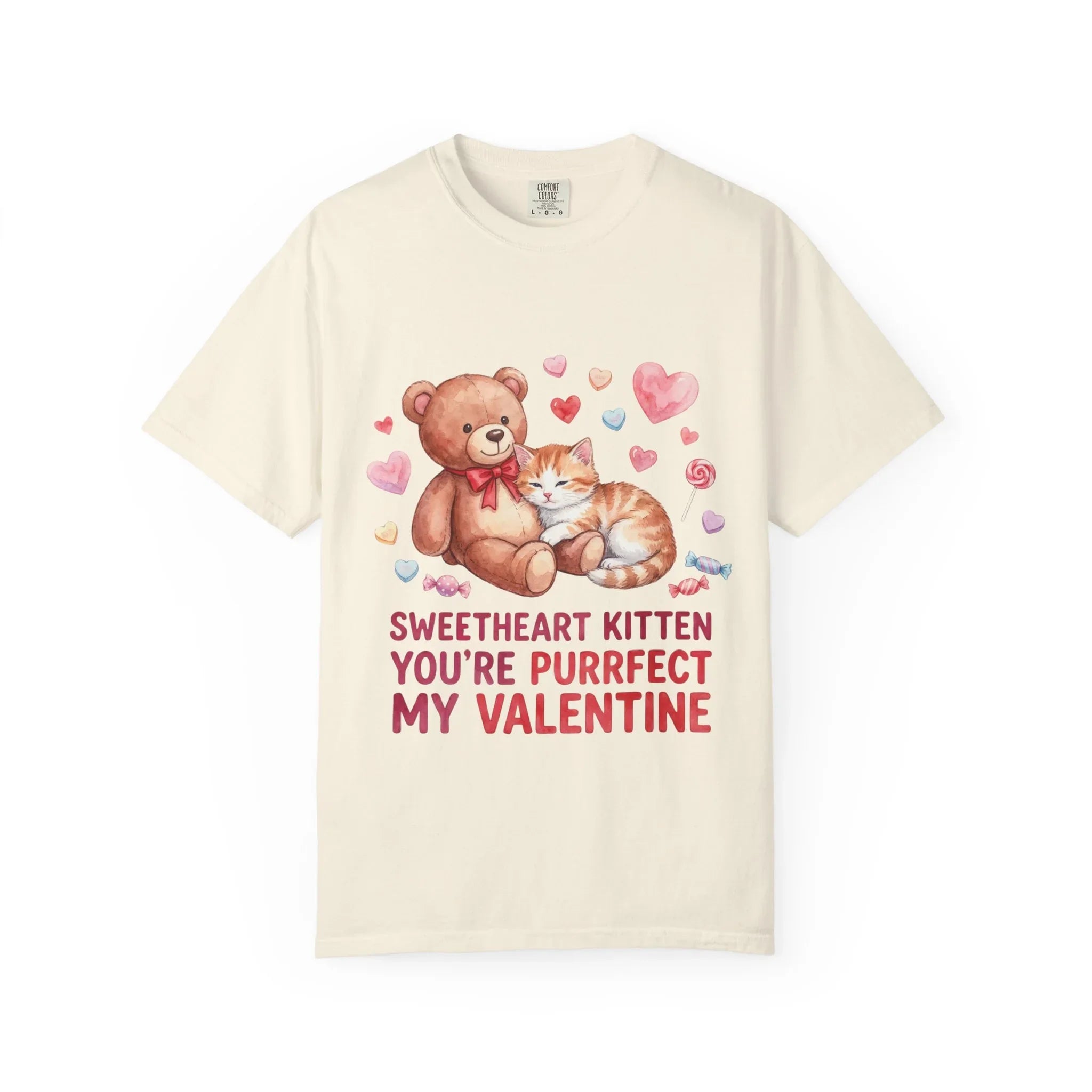 Sweetheart Kitten Youre Purrfect My Valentine T Shirt Cute Cat Teddy Bear Hearts Watercolor Cozy Vintage Aesthetic Gift Cat Lovers Ivory
