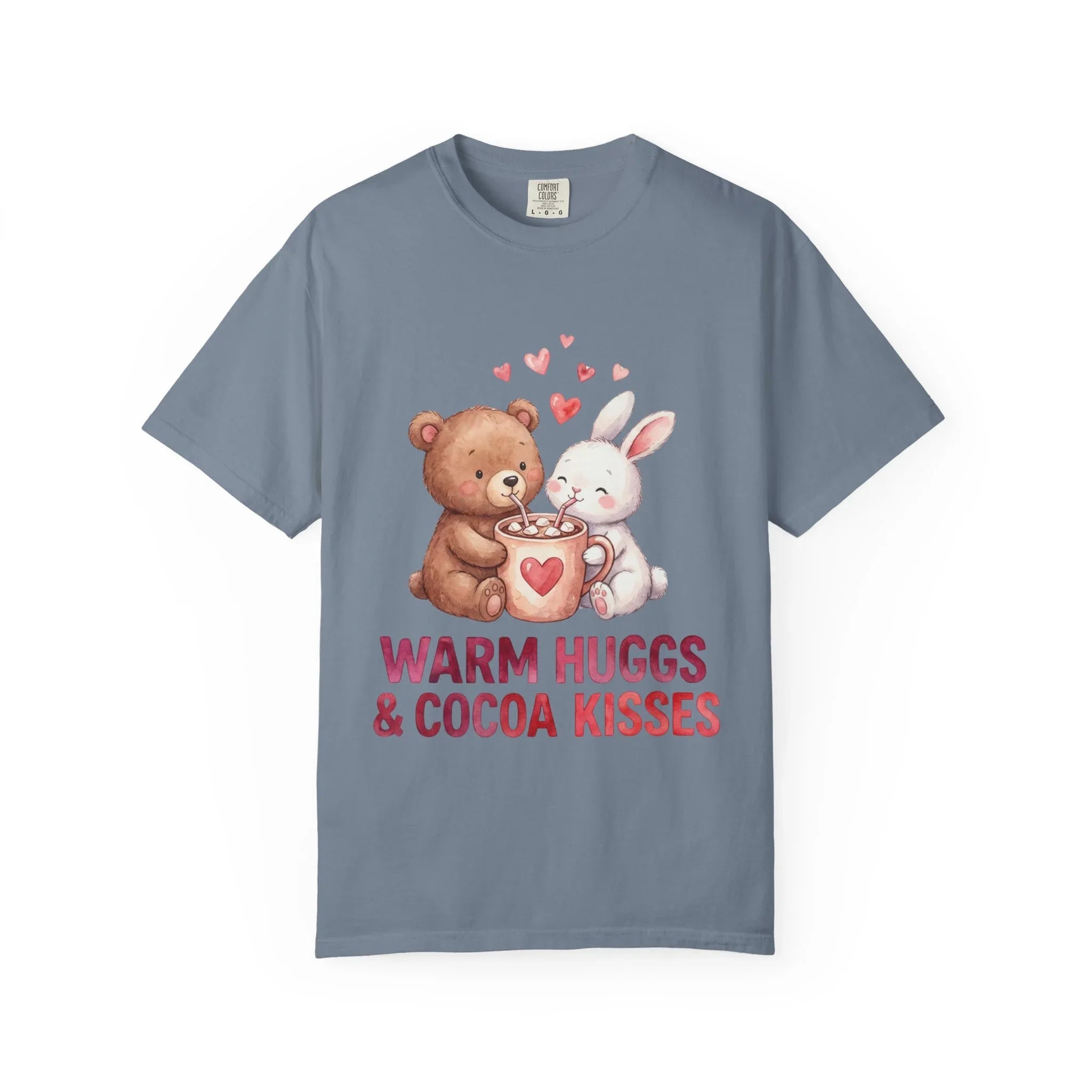 Warm Hugs and Cocoa Kisses T-Shirt | Bear Bunny Hot Cocoa Design | Cozy Winter Valentine Gift | Soft Vintage Aesthetic Tee Blue Jean