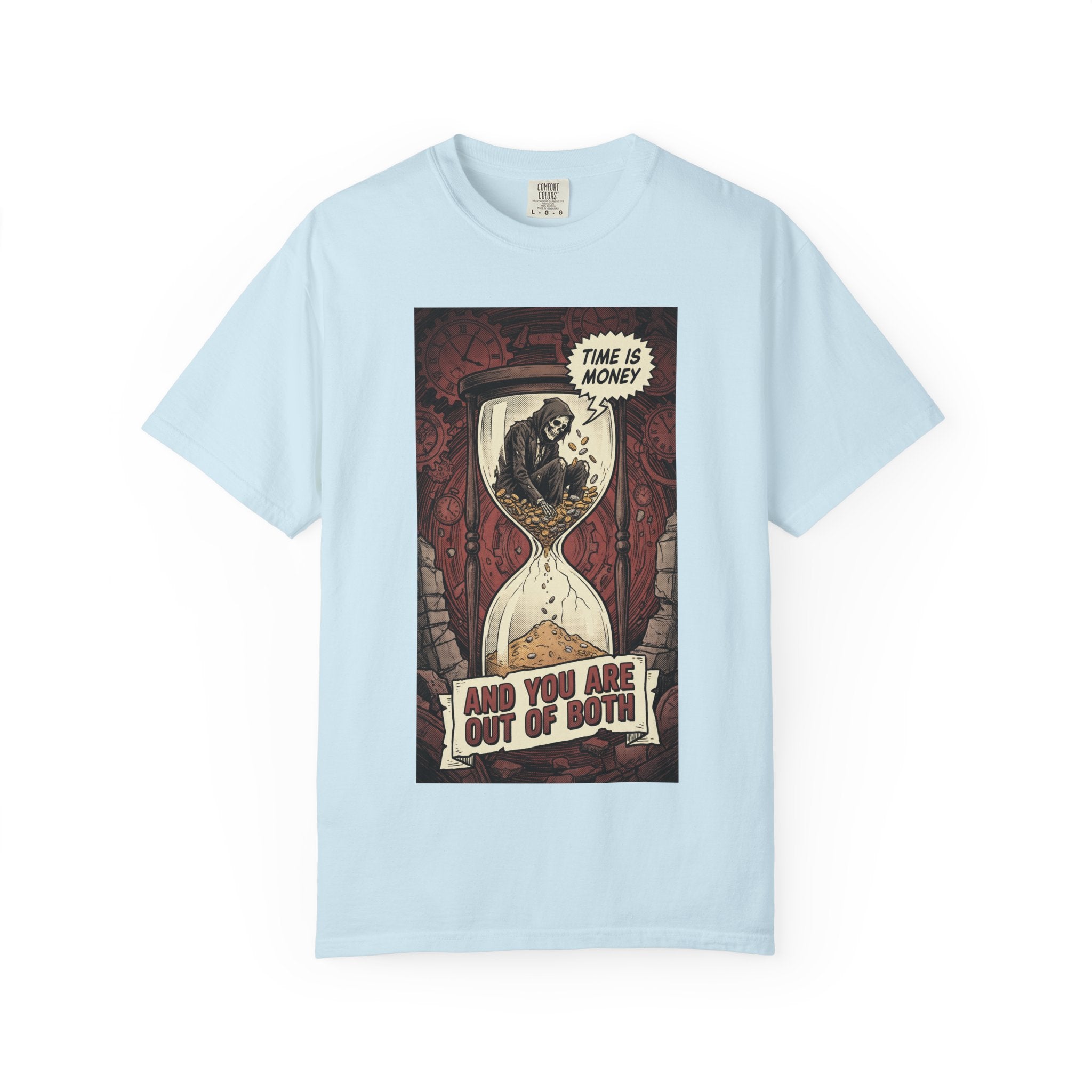 Time Is Money Shirt, Out of Both Grim Reaper Tee, Sarcastic Financial Satire Shirt, Vintage Grunge Hourglass Apparel, Dark Humor Philosophy Gift Chambray