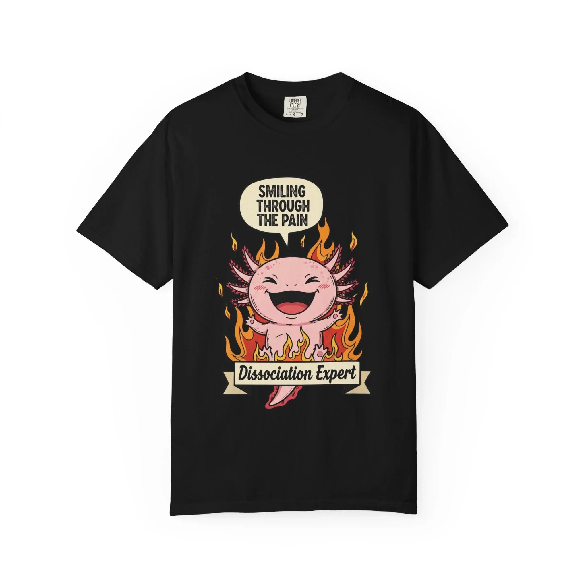 Funny Axolotl Shirt - "Dissociation Expert" Graphic Tee - Smiling Through The Pain Shirt - Mental Health Dark Humor Gift - Vintage Comfort Colors Style Oversized Top Black