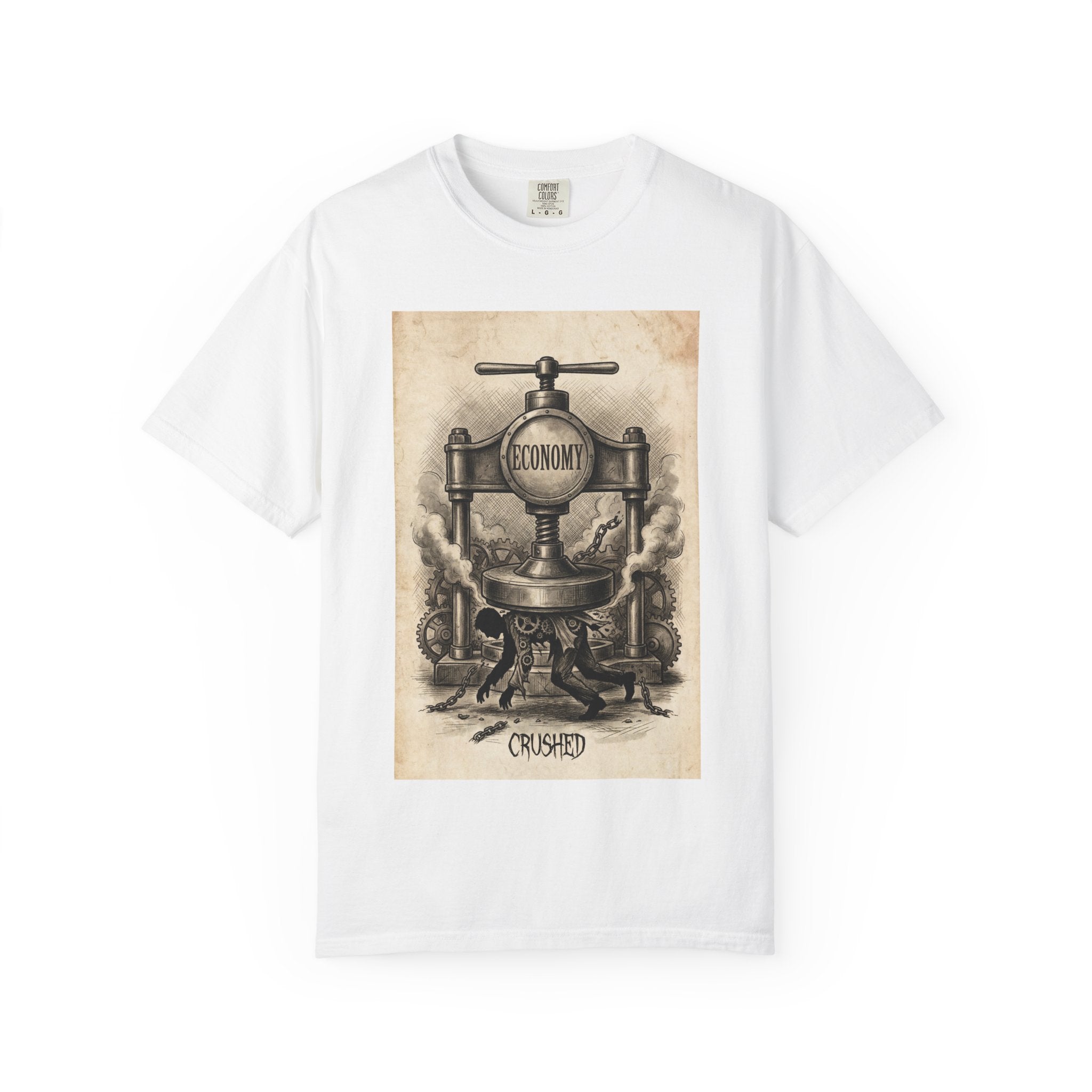 Vintage Economy Press T-Shirt | Retro Industrial Satire Tee | Dark Academia Social Comment Art Shirt | Gift for Philosophy & Economics Lovers" White