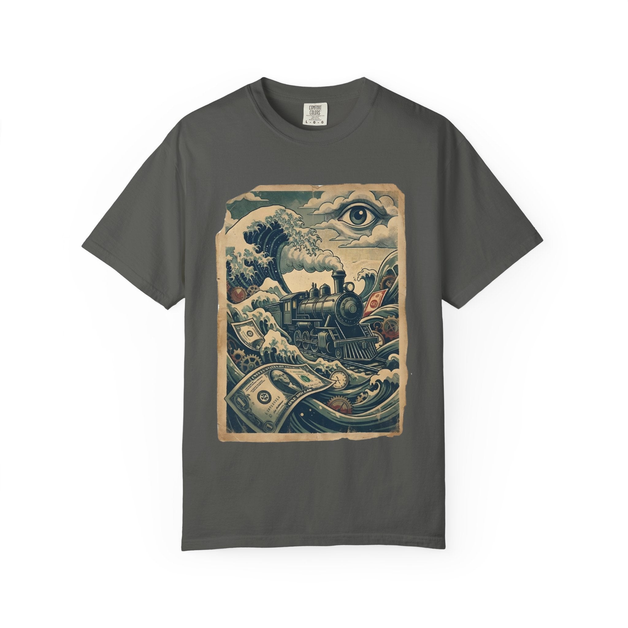 Financial Tsunami T-Shirt - Steam Train Economic Crisis Tee - Vintage Surrealist Satire Shirt - Sarcastic Money Wave Graphic Pepper