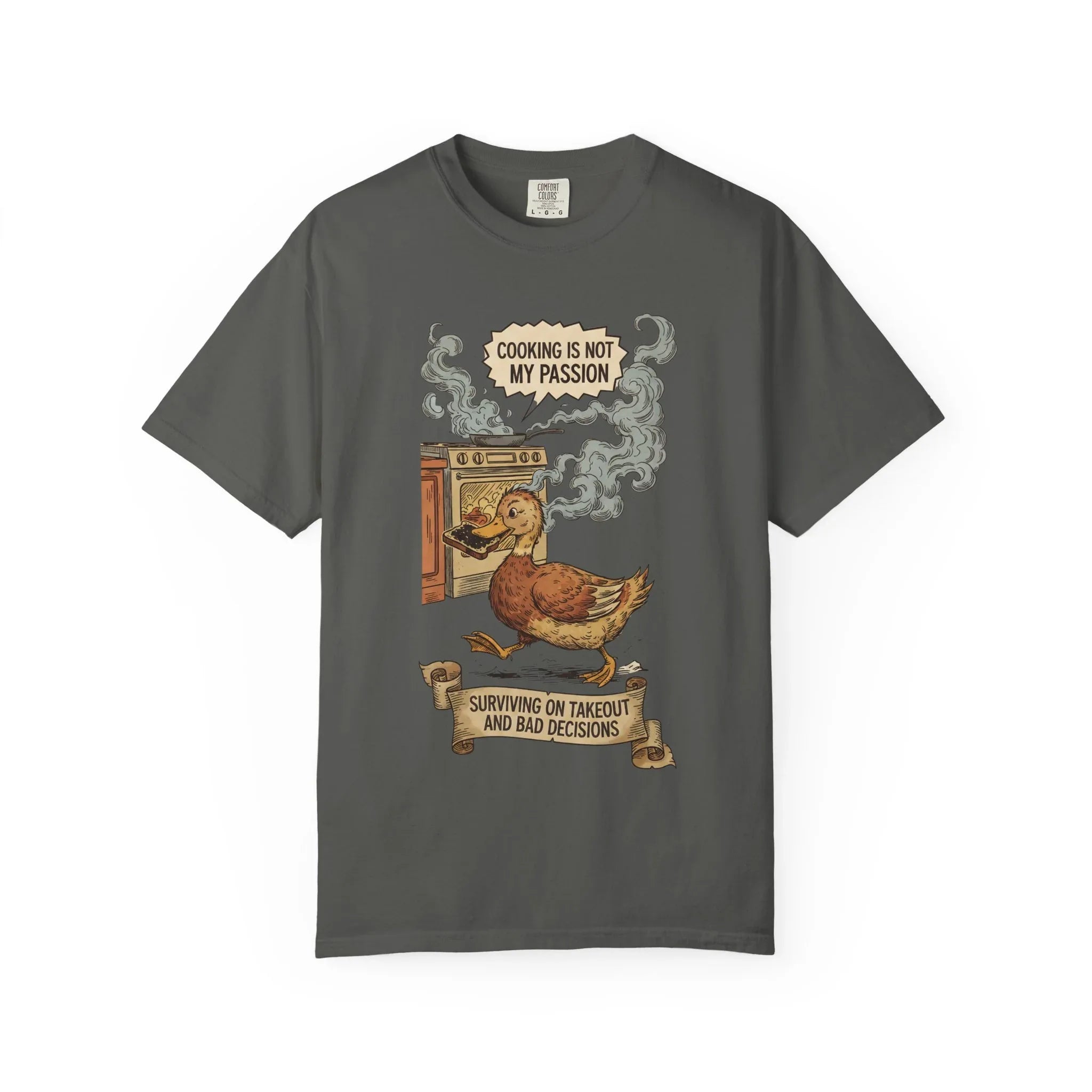 Funny Cooking Duck Shirt - "Cooking Is Not My Passion" Tee - Bad Cook Kitchen Fail Gift - Retro Duck Meme T-Shirt - Humorous Home Chef Gift for Mom & Dad Pepper