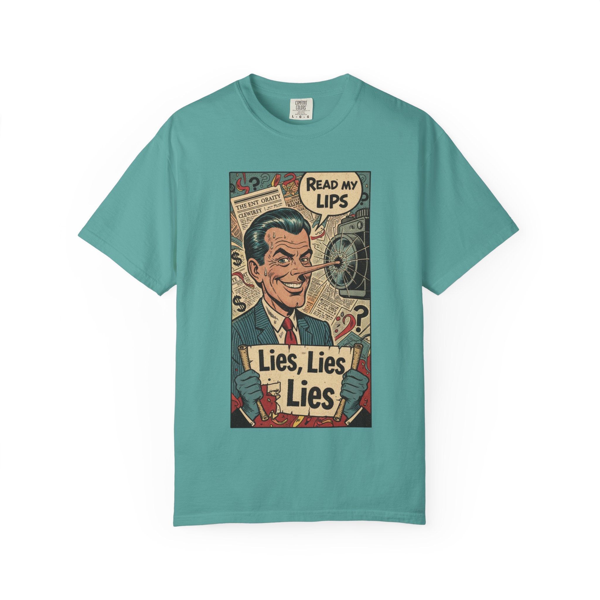 Lies Lies Lies T-Shirt - Read My Lips Satire Tee - Funny Pinocchio Political Shirt - Vintage Comic Graphic - Sarcastic Truth Tee Seafoam
