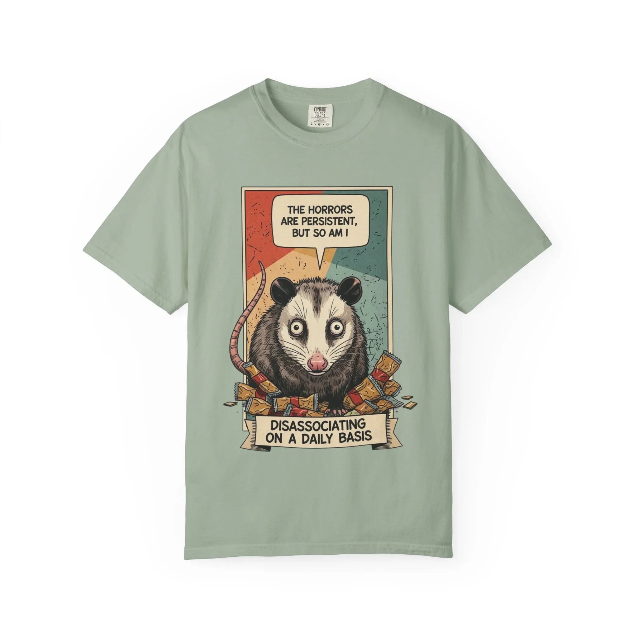 Funny Opossum Shirt - "The Horrors Are Persistent But So Am I" Tee - Mental Health Awareness Gift - Disassociation Meme Sweatshirt - Retro Trash Cat Hoodie Bay