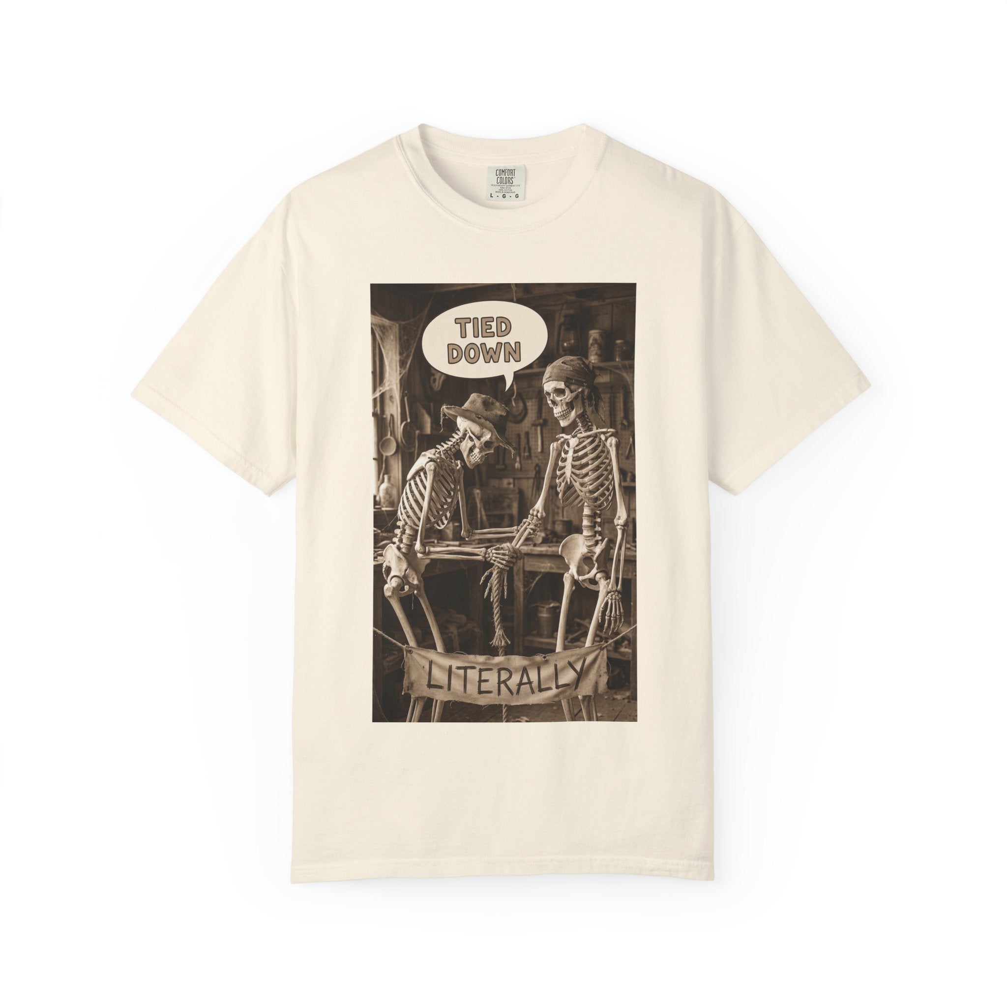 🪢 Tied Down Literally – Vintage Skeleton Satire & Dark Humor Streetwear Unisex Garment-Dyed T-shirt Ivory