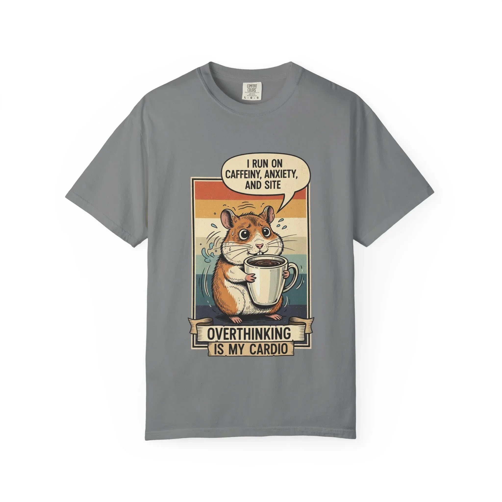 Funny Overthinking Hamster T-Shirt Retro Coffee Lover Gift Stress Anxiety Shirt Sarcastic Mental Health Tee Vintage Hamster Mom Dad Gift Grey