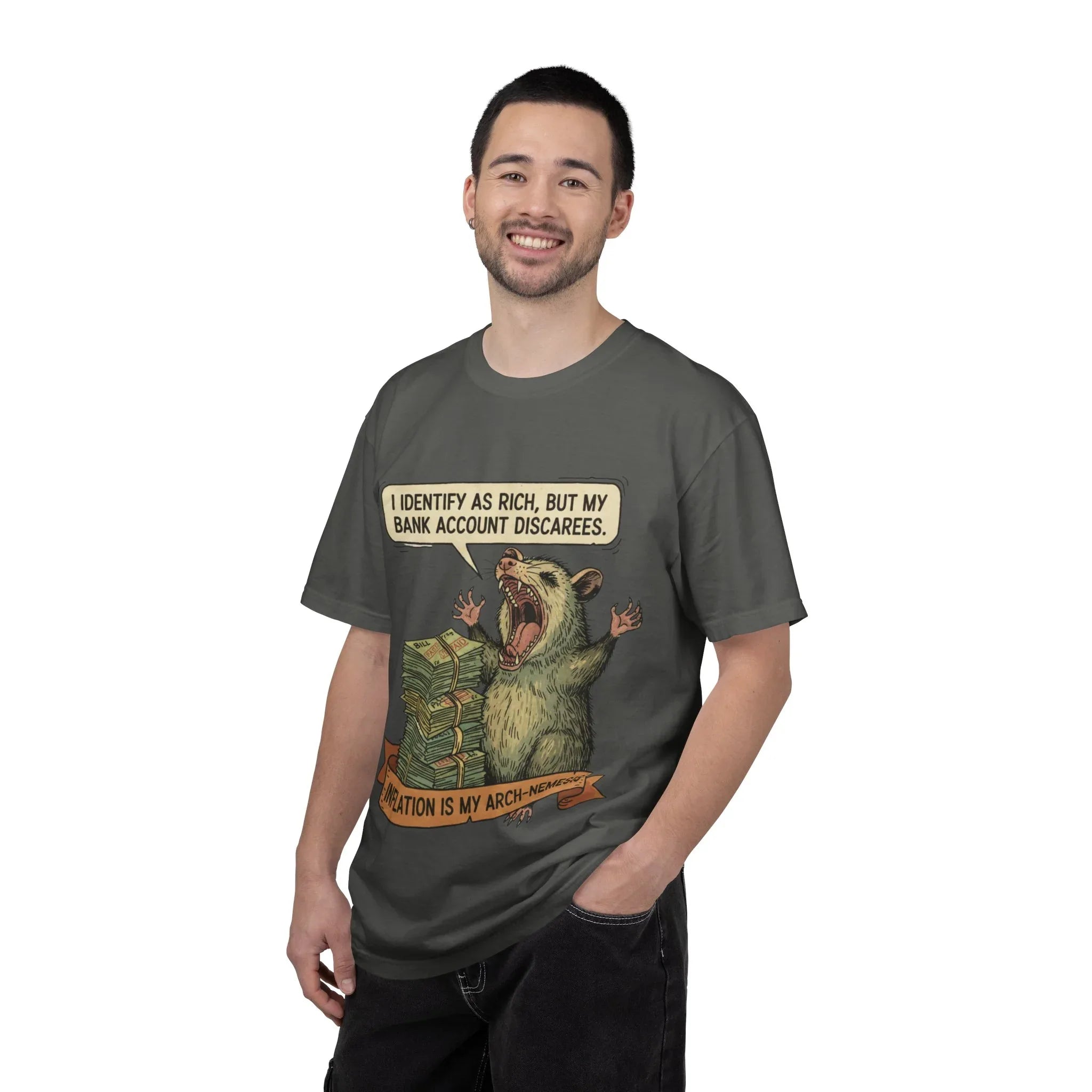 Funny Opossum Shirt - "I Identify As Rich" Sarcastic Animal Meme Tee - Screaming Opossum Adulting Gift - Inflation Struggle Humor Top - Vintage Dark Humor Graphic T-Shirt Pepper