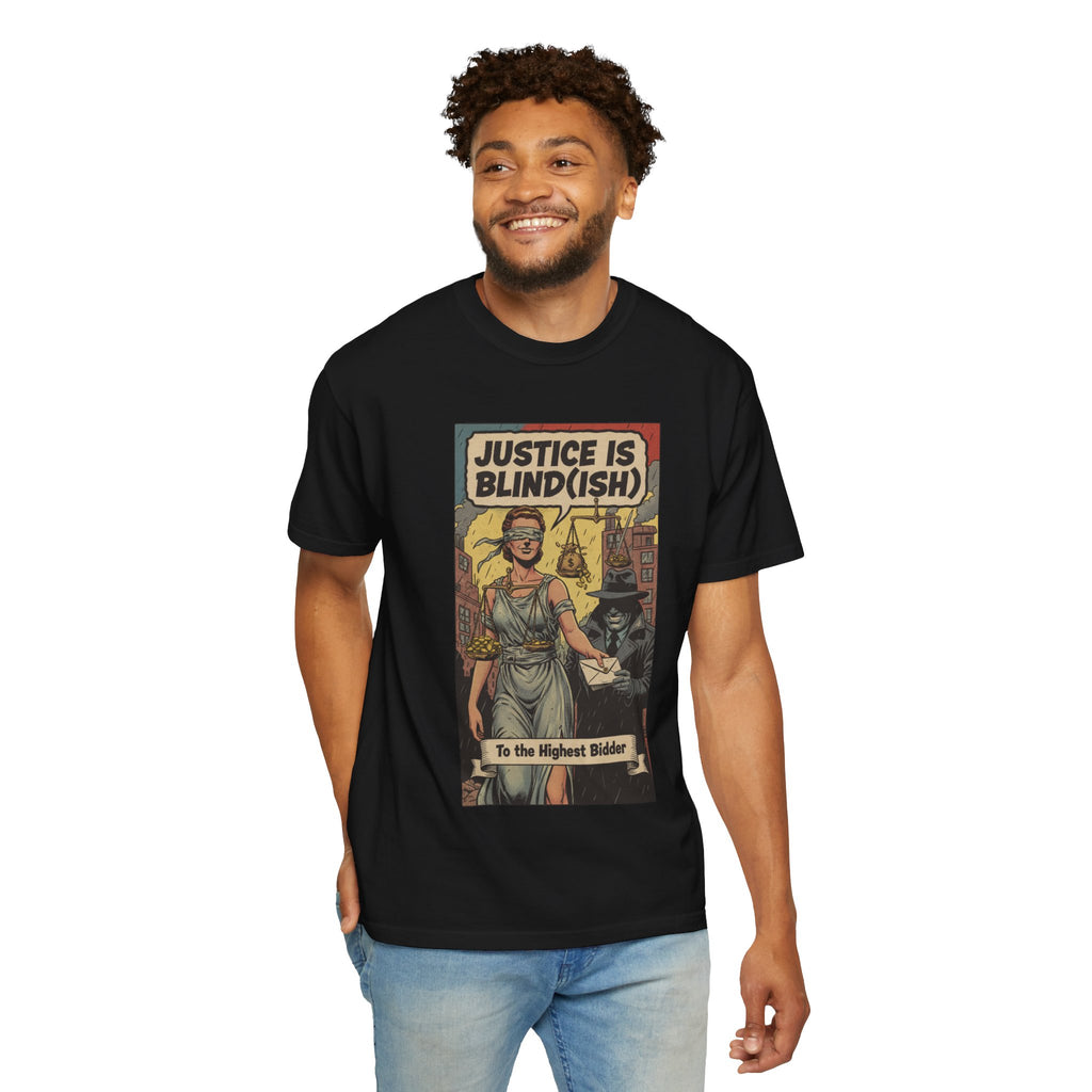 Justice Is Blind(ish) Shirt - Vintage Satire T-Shirt - Retro Comic Graphic Tee - Sarcastic Lady Justice Gift - Garment-Dyed Streetwear