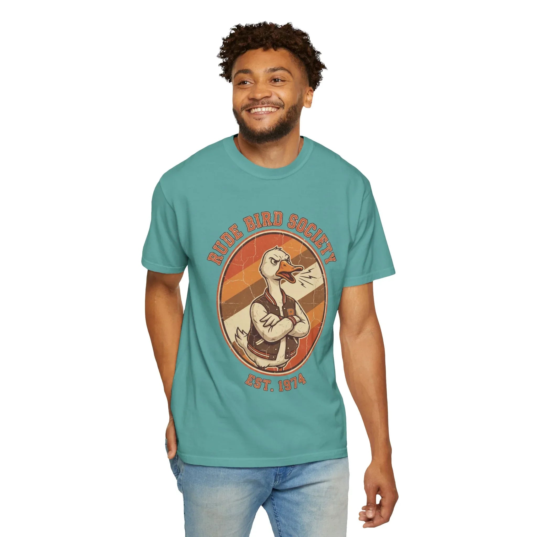 Dude Bird Society Goose T-Shirt | Retro Vintage Badge Est 1974 | Sunset Stripes Graphic | Garment-Dyed Heavyweight Unisex Seafoam