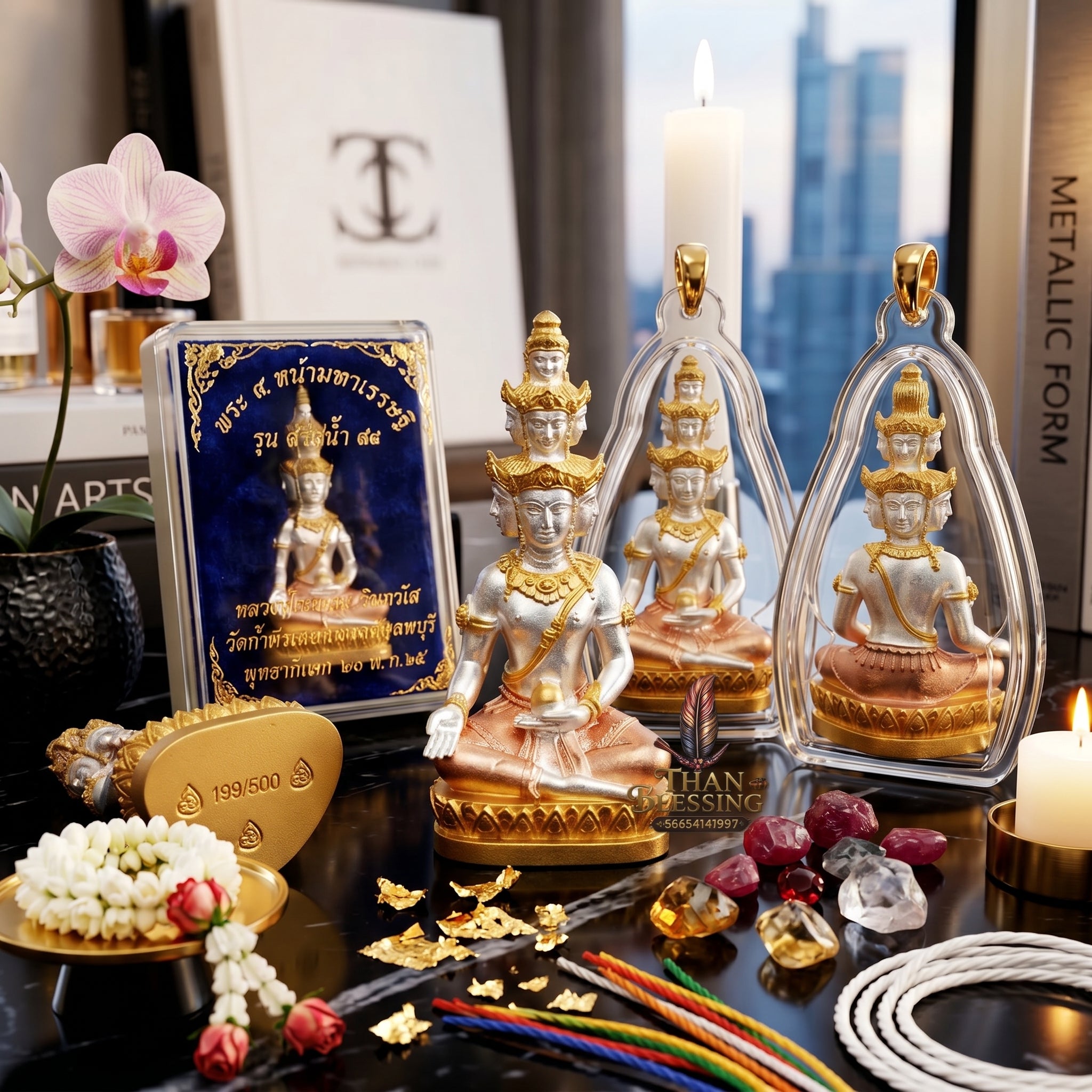 ✨🧘‍♂️👑 Authentic Thai Amulet Nine-Faced Sovereign Wealth Accumulator (3.7x1.7 cm) - Luang Pho Thongdam 2022 Tri-Tone Luxury Plating Node