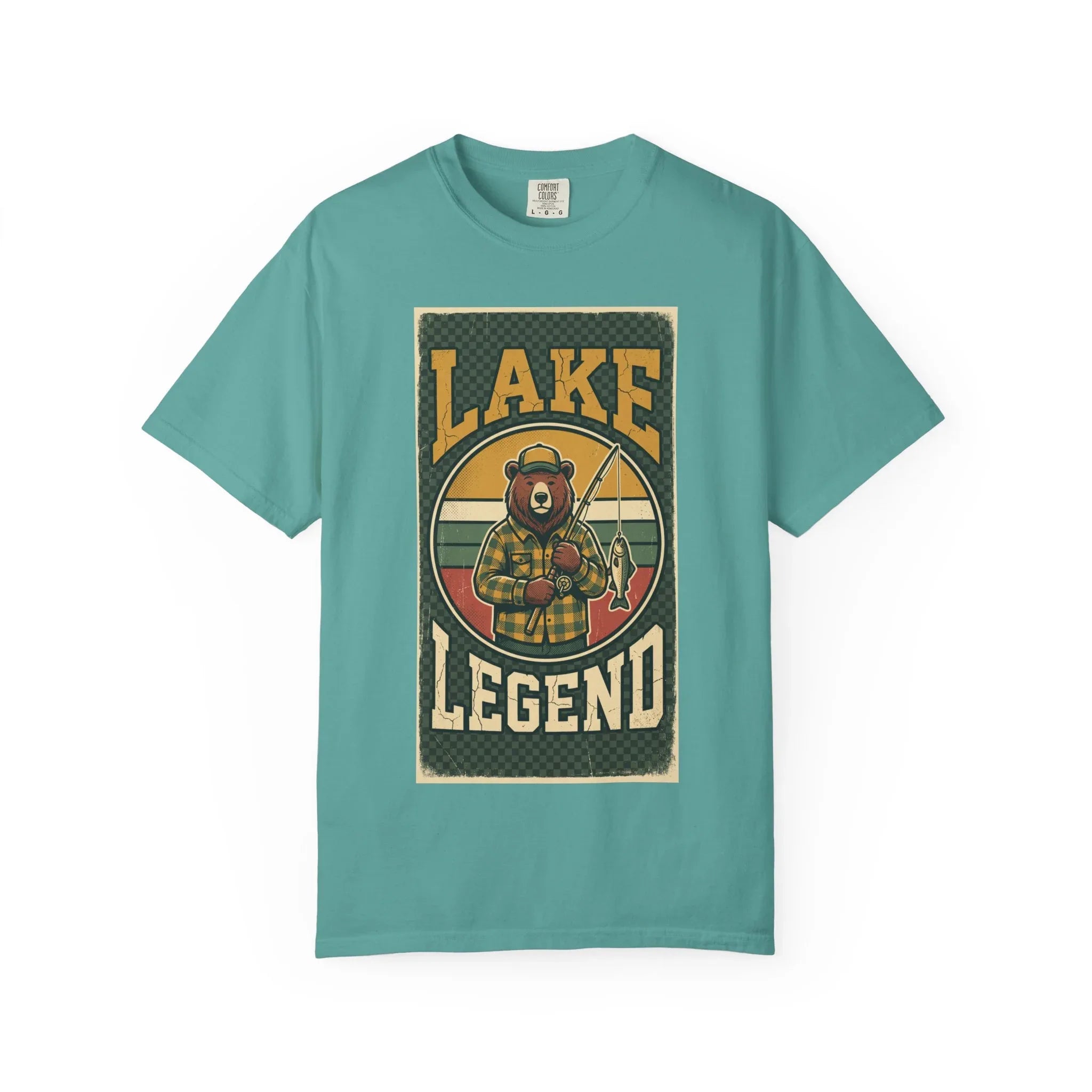 Lake Legend Bear Fishing T-Shirt | Retro Outdoors Graphic Tee | Vintage Cabin Lake Life Shirt | Garment-Dyed Heavyweight Unisex Seafoam