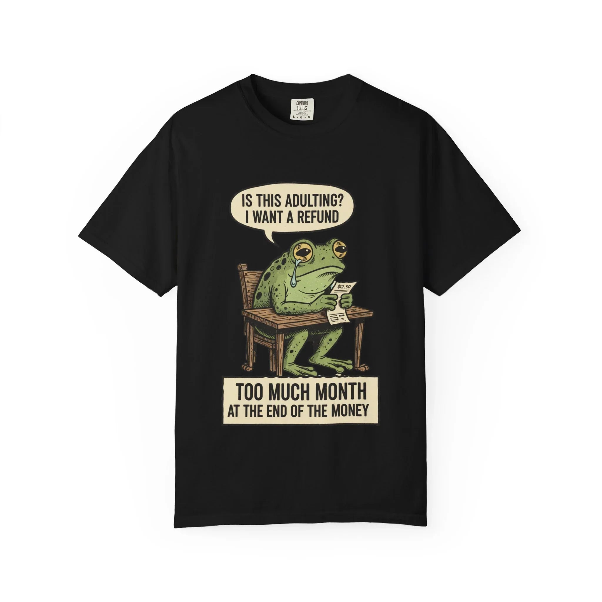 Funny Adulting Shirt - Sad Frog Hoodie - "I Want A Refund On Adulting" Tee - Broke Meme Gift - Financial Humor T-Shirt - Vintage Animal Art Millennial Top Black
