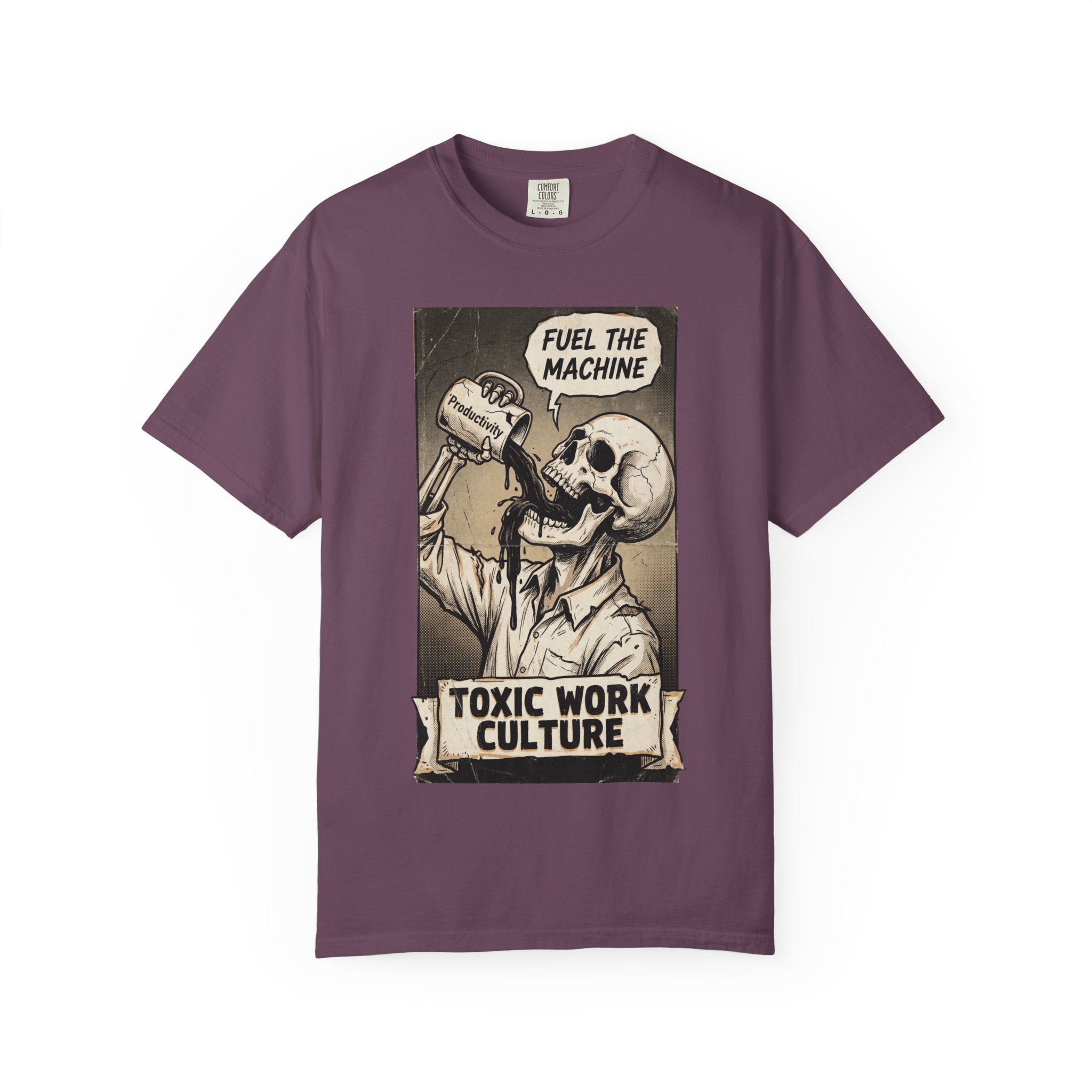 Toxic Work Culture Shirt, Fuel The Machine Skeleton Tee, Productivity Coffee Graphic, Sarcastic Office Worker Gift, Vintage Grunge Streetwear Berry
