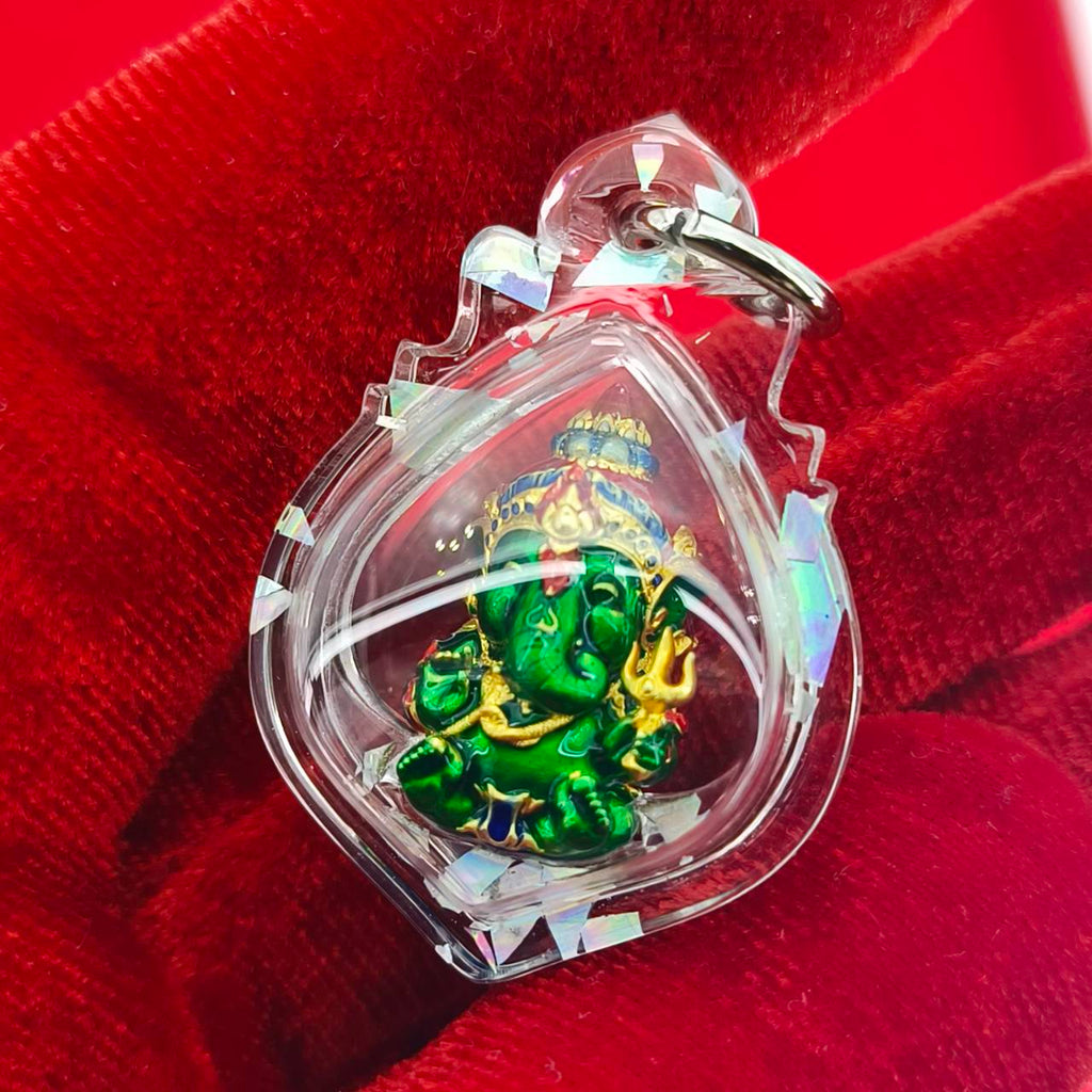 Phra Sri Siddhiya Ganapati Gold-Plated Bronze Statue with Green Enamel Finish