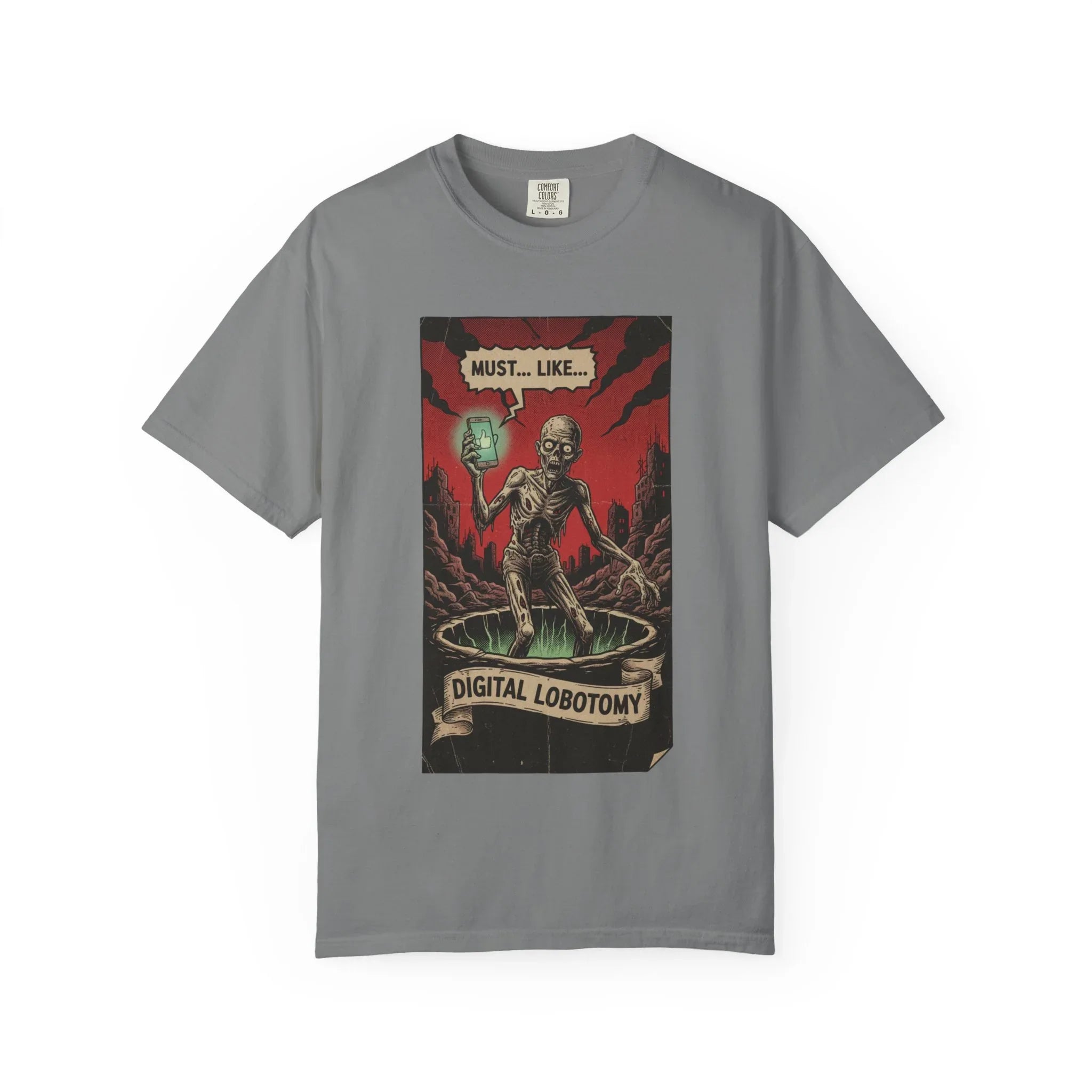 Digital Lobotomy Shirt - Vintage Horror Zombie T-Shirt - Social Media Satire Tee - Retro Comic Style Graphic Shirt - Smartphone Addict Dark Humor Gift - Tech Skeptic Streetwear Grey