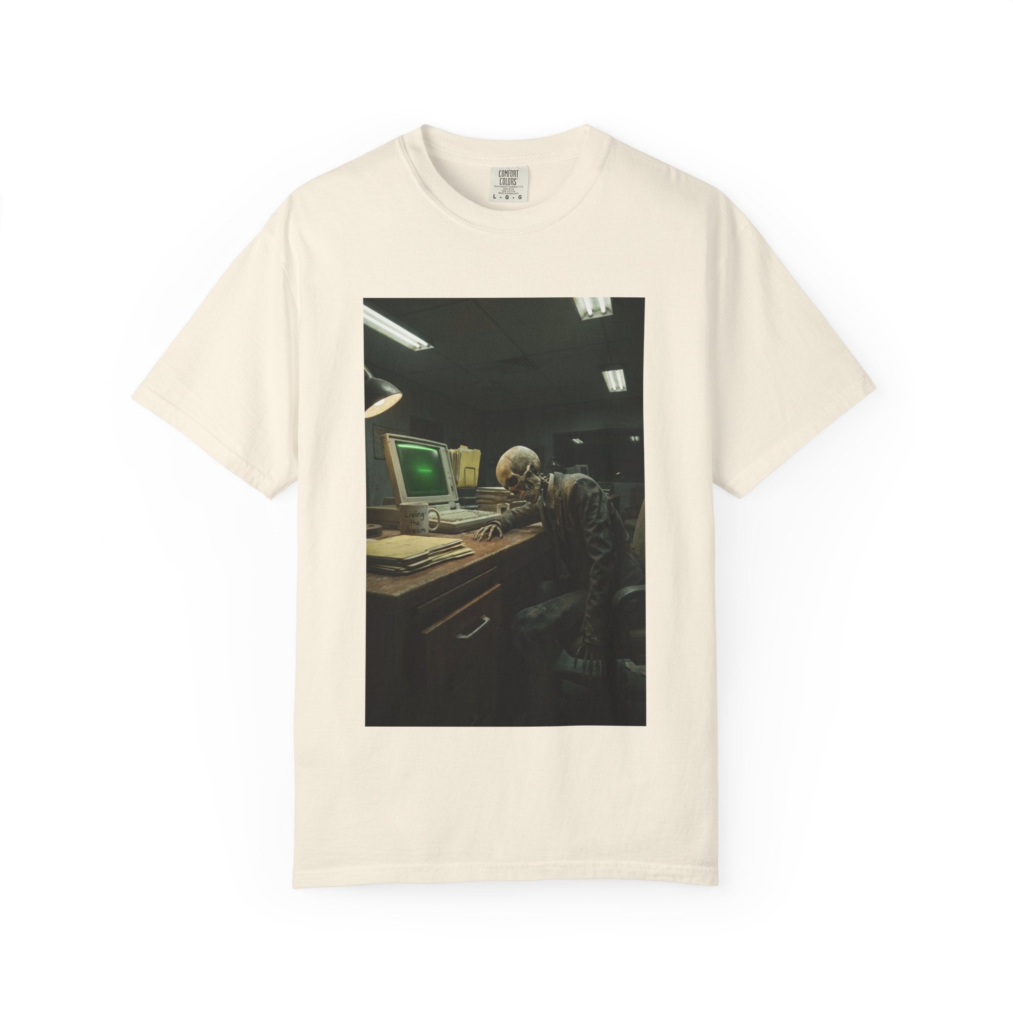 Living The Dream Skeleton T-Shirt - Funny Corporate Burnout Shirt - Vintage Aesthetic Dark Humor Office Tee - Sarcastic Work Gift Ivory