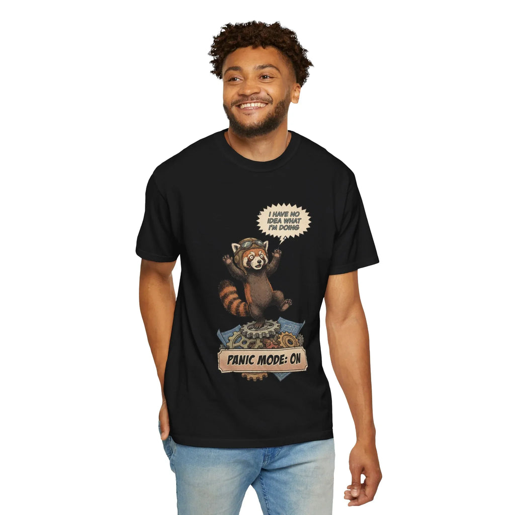 Vintage Red Panda T-Shirt - Funny Engineer Gift - Panicked Pilot Shirt - Imposter Syndrome Meme Tee - Retro Mechanic Animal Graphic - "Panic Mode On" Top