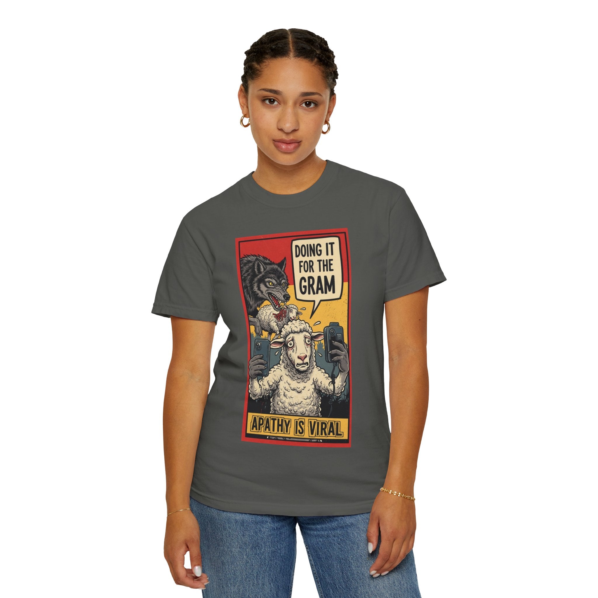Doing It For The Gram Shirt Apathy Is Viral Satire Tee Social Media Critic Gift Wolf and Sheep Graphic Retro Aesthetic Edgy Apparel