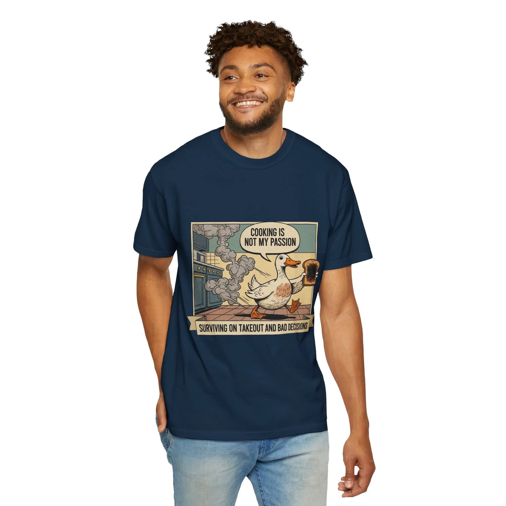Funny Duck Cooking Shirt - "Cooking Is Not My Passion" Retro Tee - Sarcastic Kitchen Fail Graphic T-Shirt - Vintage Cartoon Foodie Gift - Surviving On Takeout Humorous Top