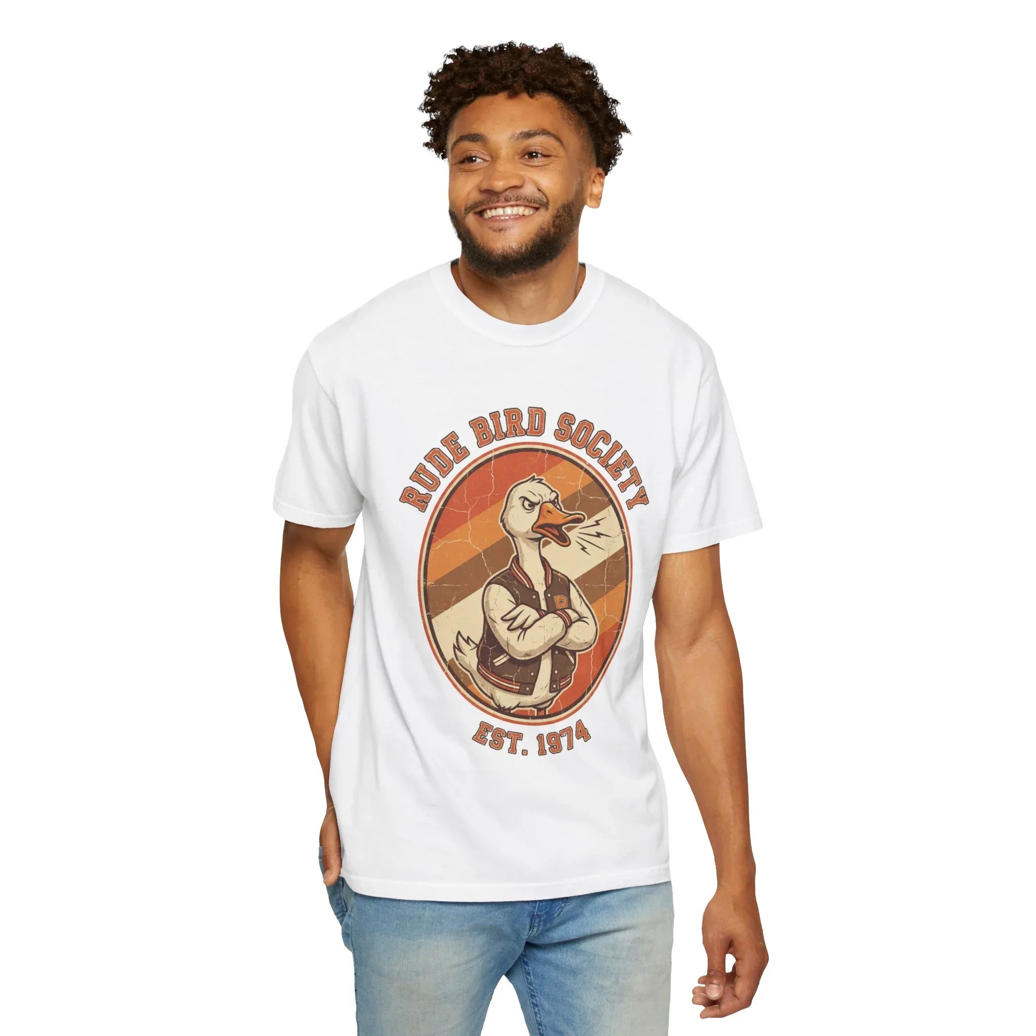 Dude Bird Society Goose T-Shirt | Retro Vintage Badge Est 1974 | Sunset Stripes Graphic | Garment-Dyed Heavyweight Unisex White