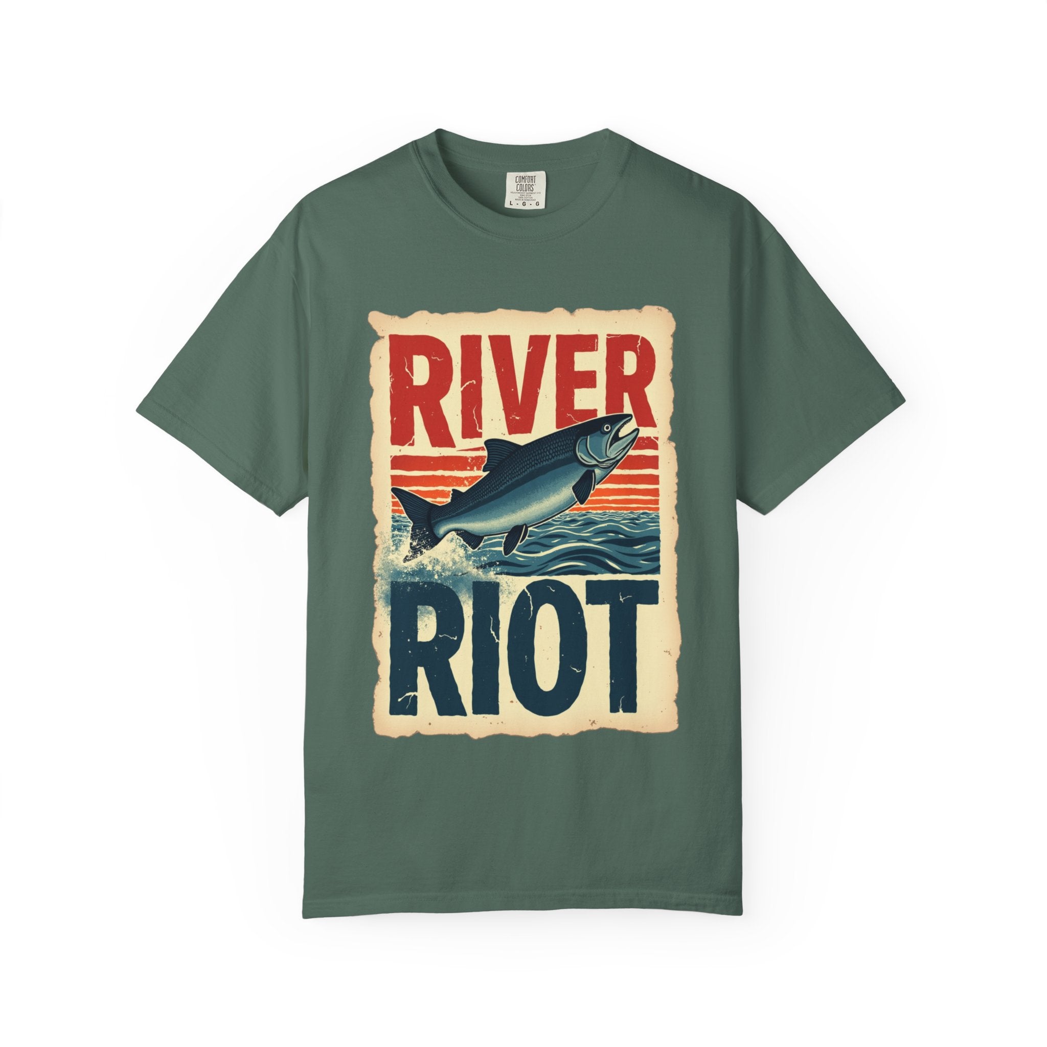 River Riot Salmon T-Shirt, Retro Fishing Graphic Tee, Vintage Fish Poster Design, Leaping Salmon Sunburst Stripes, Unisex Garment-Dyed Blue Spruce