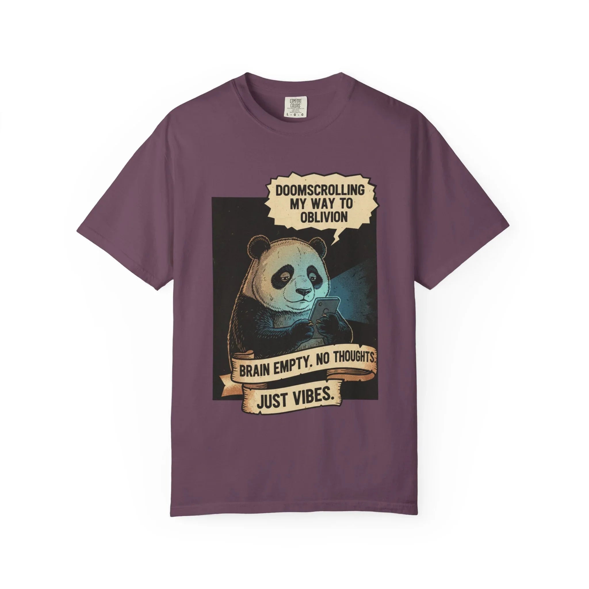 Funny Panda Doomscrolling Shirt - Brain Empty No Thoughts Just Vibes Tee - Retro Vintage Aesthetic T-Shirt - Relatable Digital Burnout Meme Gift - Smartphone Addict Introvert Top Berry M