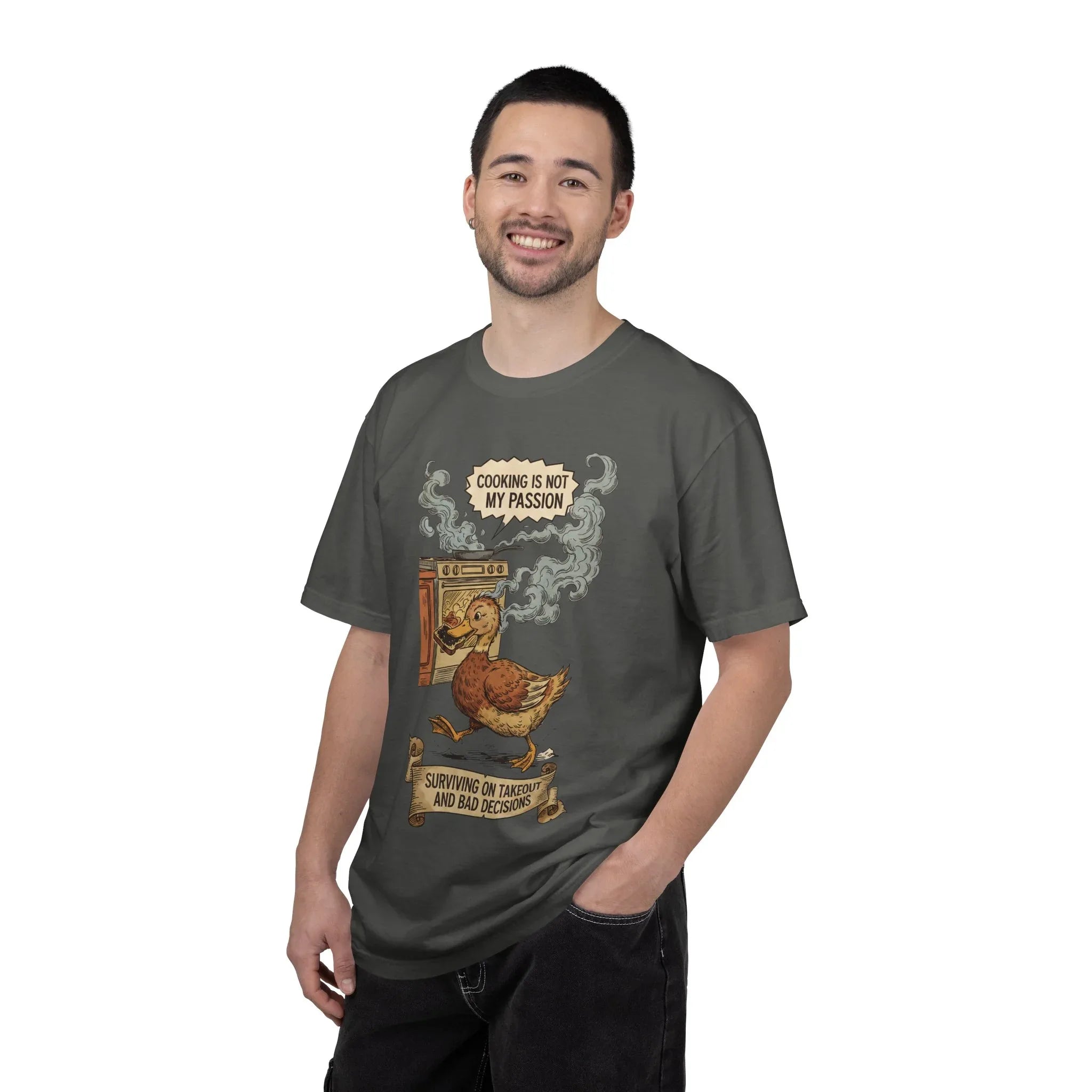 Funny Cooking Duck Shirt - "Cooking Is Not My Passion" Tee - Bad Cook Kitchen Fail Gift - Retro Duck Meme T-Shirt - Humorous Home Chef Gift for Mom & Dad