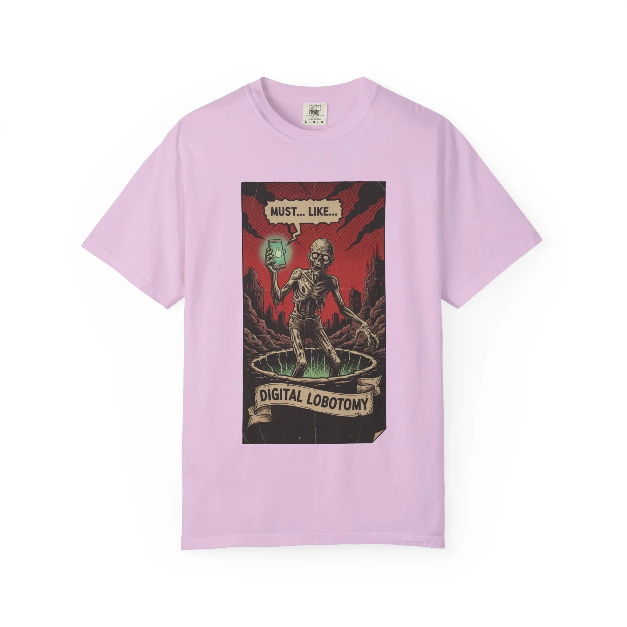 Digital Lobotomy Shirt - Vintage Horror Zombie T-Shirt - Social Media Satire Tee - Retro Comic Style Graphic Shirt - Smartphone Addict Dark Humor Gift - Tech Skeptic Streetwear Orchid