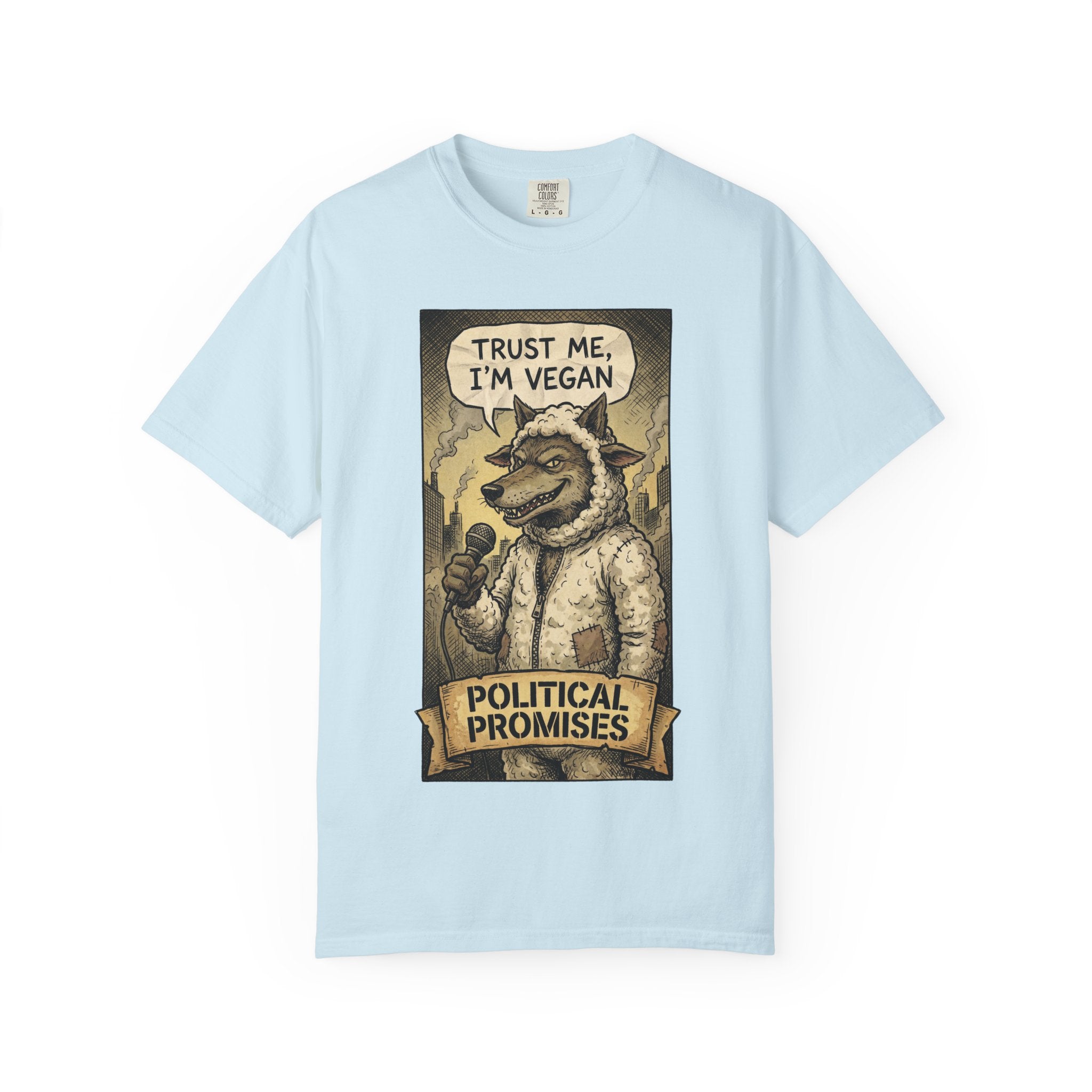 Political Promises Shirt, Wolf in Sheep's Clothing T-Shirt, Sarcastic Social Commentary Tee, Vintage Grunge Satire Apparel, Free Thinker Gift Chambray