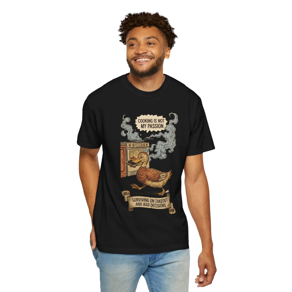 Funny Cooking Duck Shirt - "Cooking Is Not My Passion" Tee - Bad Cook Kitchen Fail Gift - Retro Duck Meme T-Shirt - Humorous Home Chef Gift for Mom & Dad