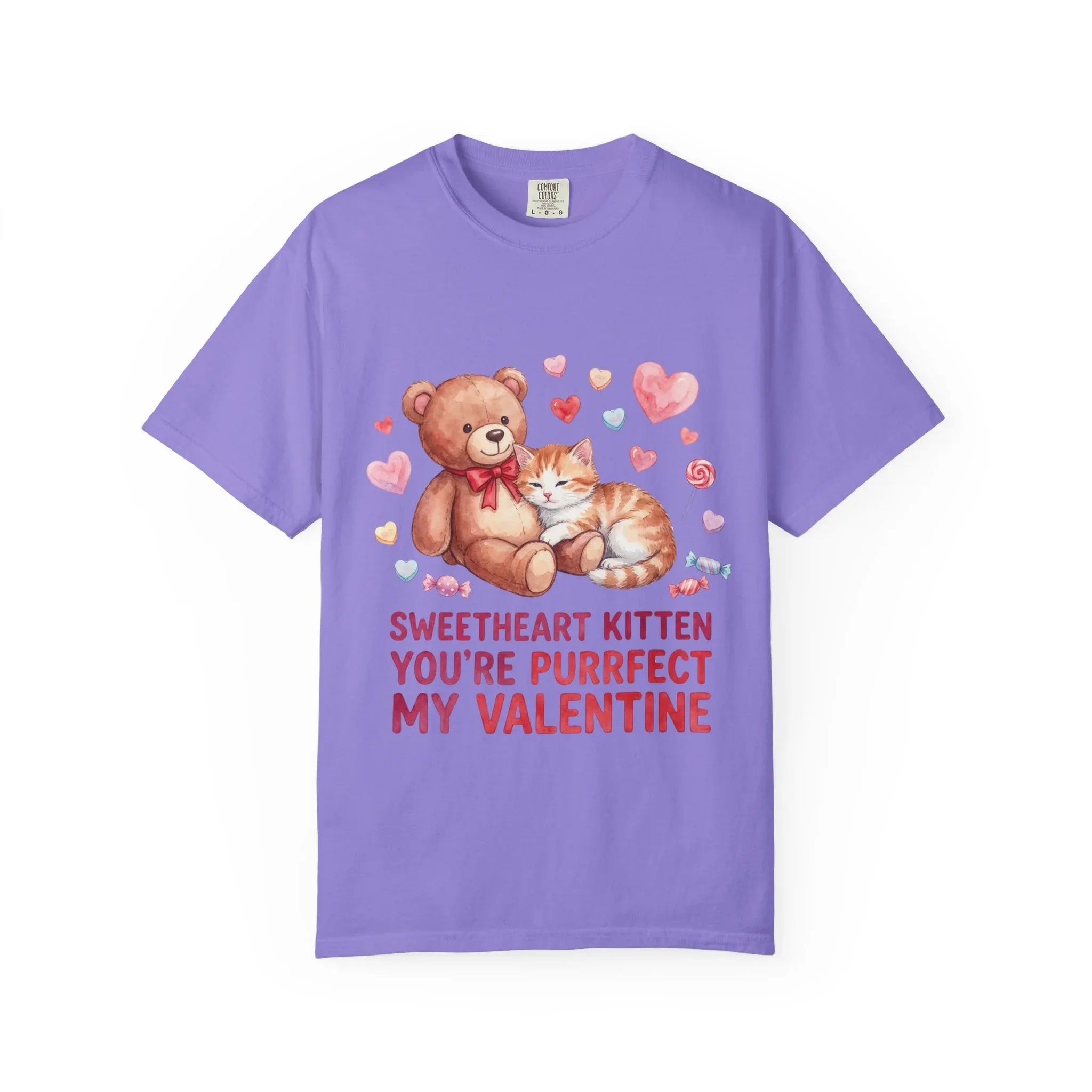Sweetheart Kitten Youre Purrfect My Valentine T Shirt Cute Cat Teddy Bear Hearts Watercolor Cozy Vintage Aesthetic Gift Cat Lovers Violet