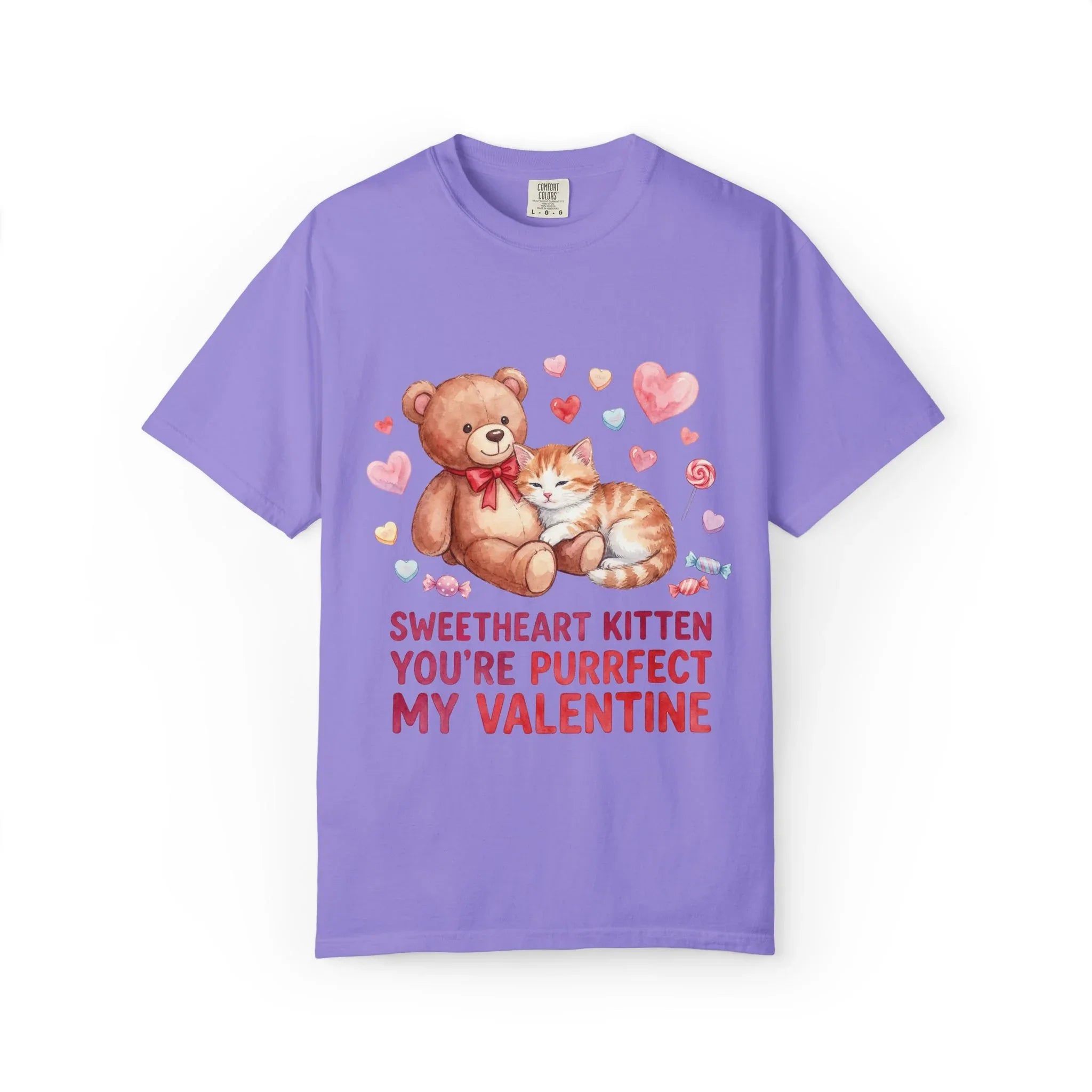 Sweetheart Kitten Youre Purrfect My Valentine T Shirt Cute Cat Teddy Bear Hearts Watercolor Cozy Vintage Aesthetic Gift Cat Lovers Violet