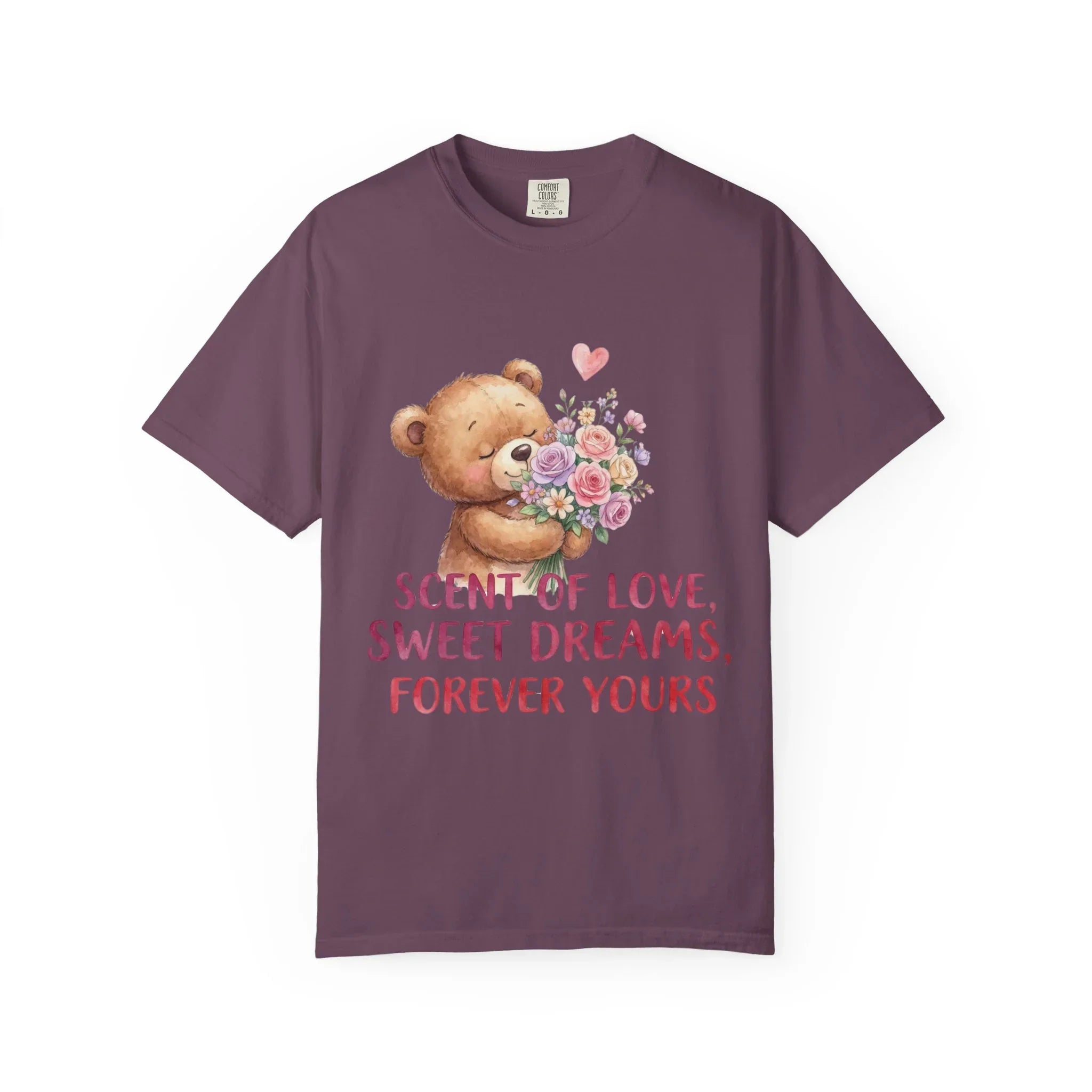 Teddy Bear with Bouquet T-Shirt | Scent of Love Sweet Dreams Forever Yours | Cute Valentine Gift | Cozy Soft Vintage Aesthetic Tee Berry M